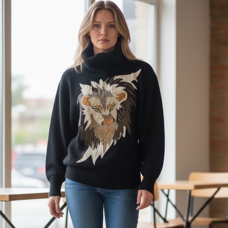 Vintage 80’s Lambswool Angora Batwing Black Sweater Leather Lion Appliqué Small