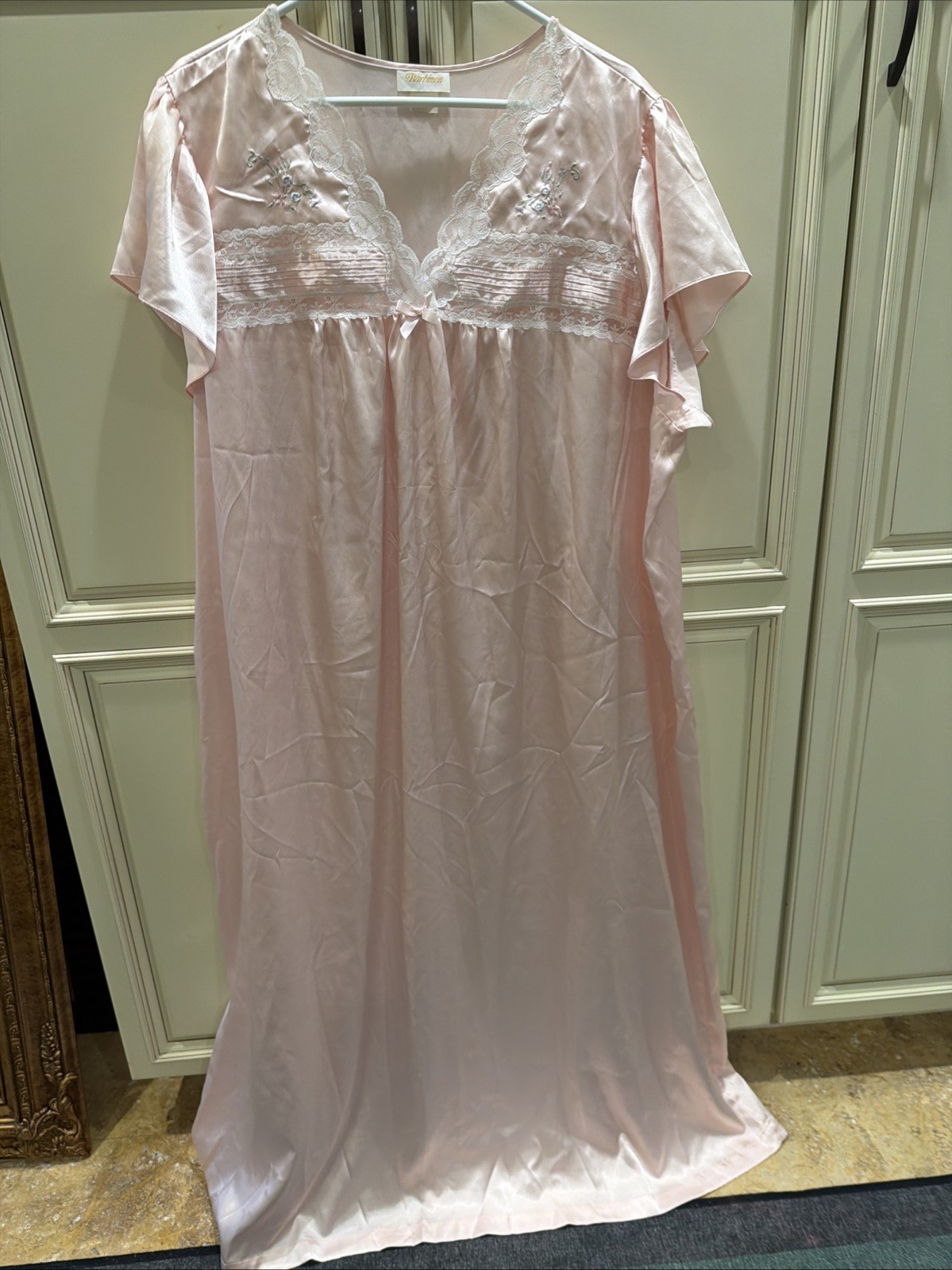 Barbizon Vintage Blush Pink Grannycore Sheer Lace Trim Embroidered Nightgown XL