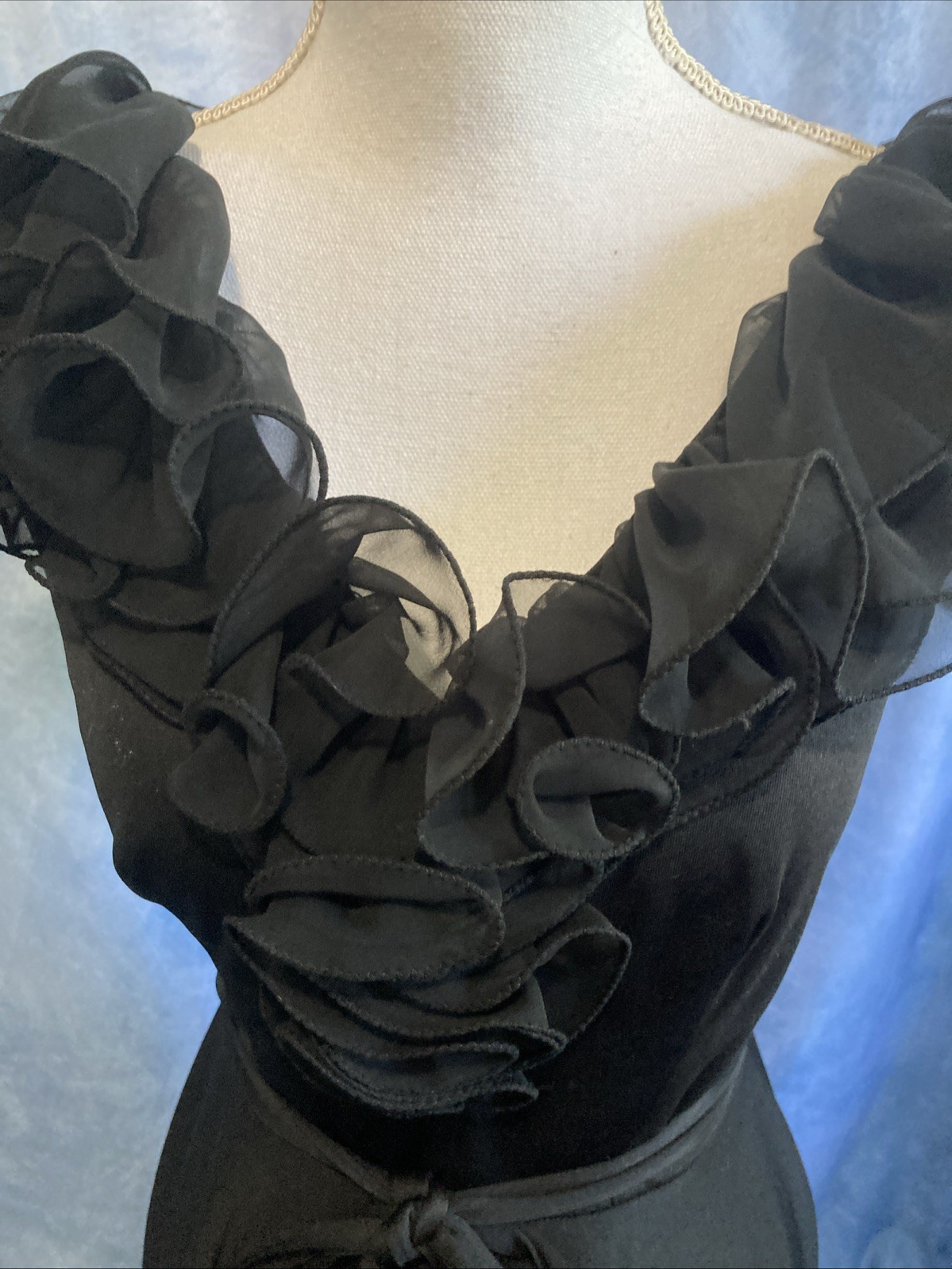 Vtg 70s Black Sheer Ruffled Party Dress XS Lightweight Polyester ILGWU Union Tag
