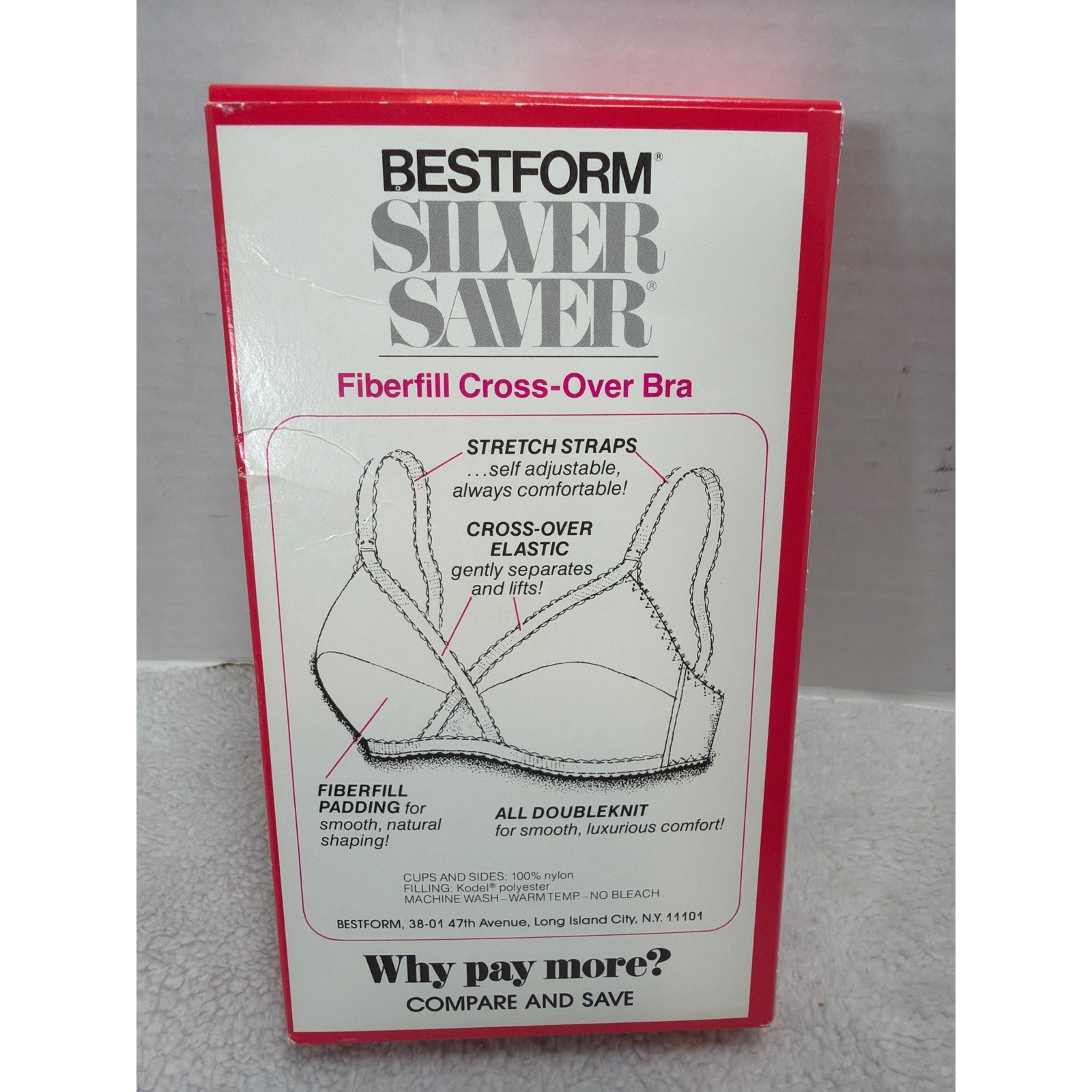 NOS VTG 80s Bestform Cross-Over Bra 36B White Silver Saver Fiberfill P6806