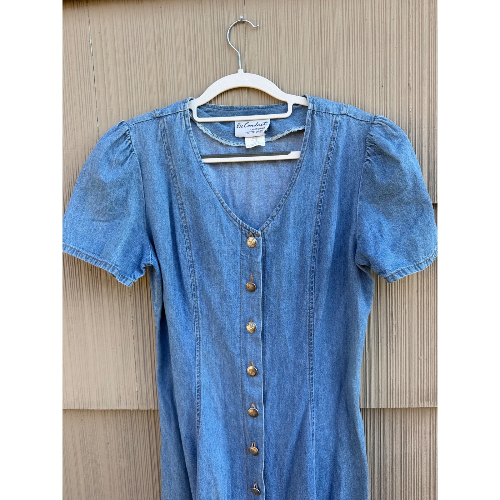 Vintage 90s Denim Button Down Midi Dress Size 10P Lace Up Back Short Puff Sleeve