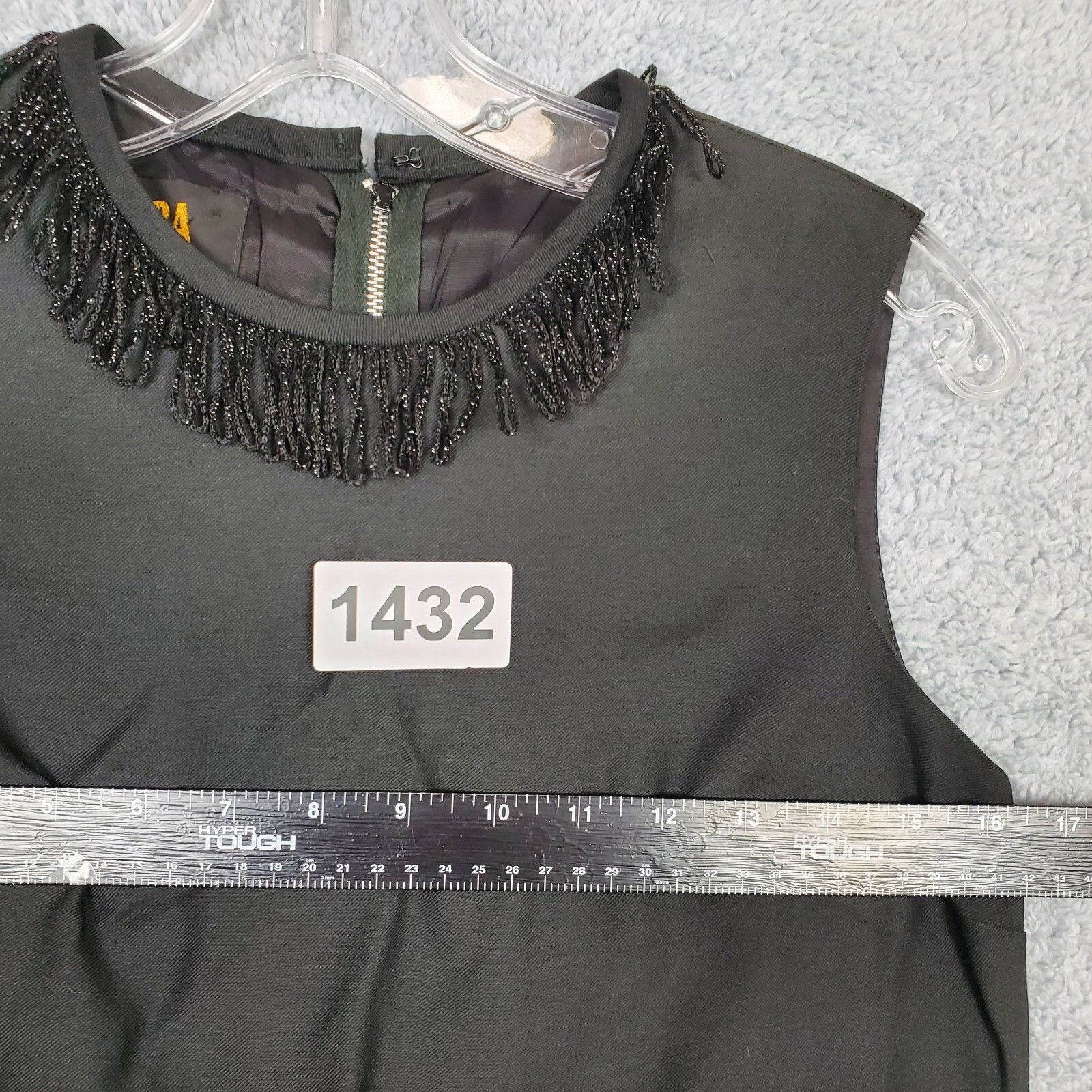 Vtg Saba California Womens Shift Dress Sz S Black Sleeveless Fringe Neck n Hem