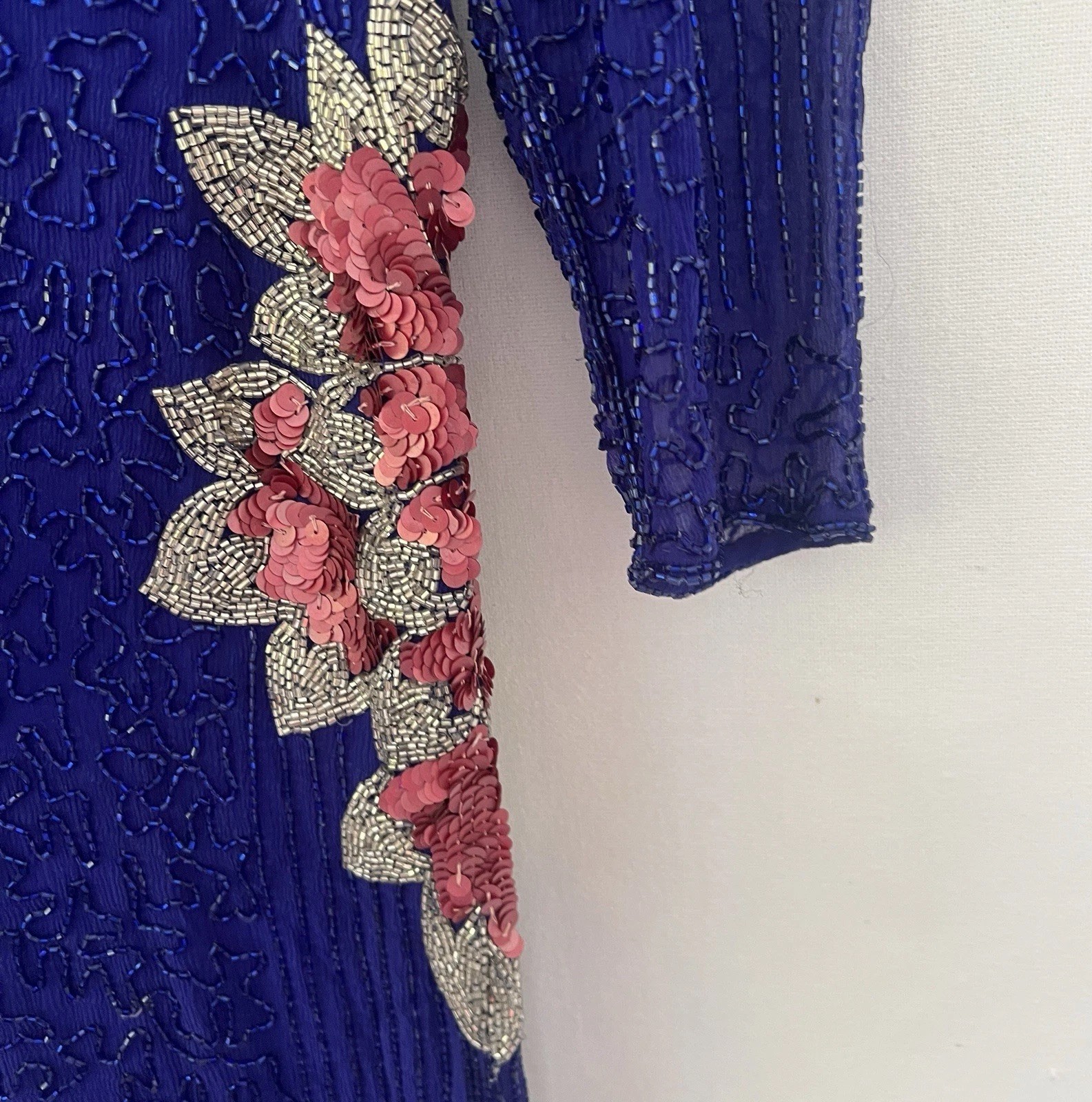 Vintage 80s Cobalt Blue Pink Silk Beaded Floral Maxi Duster Jacket Sequin