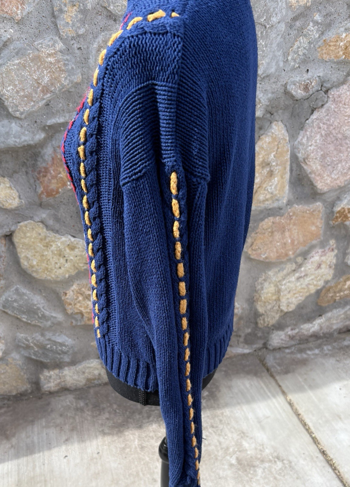 Vintage Mixed blues S Chunky Cable Knit Base W/ Colorful Embroidery POM POM READ