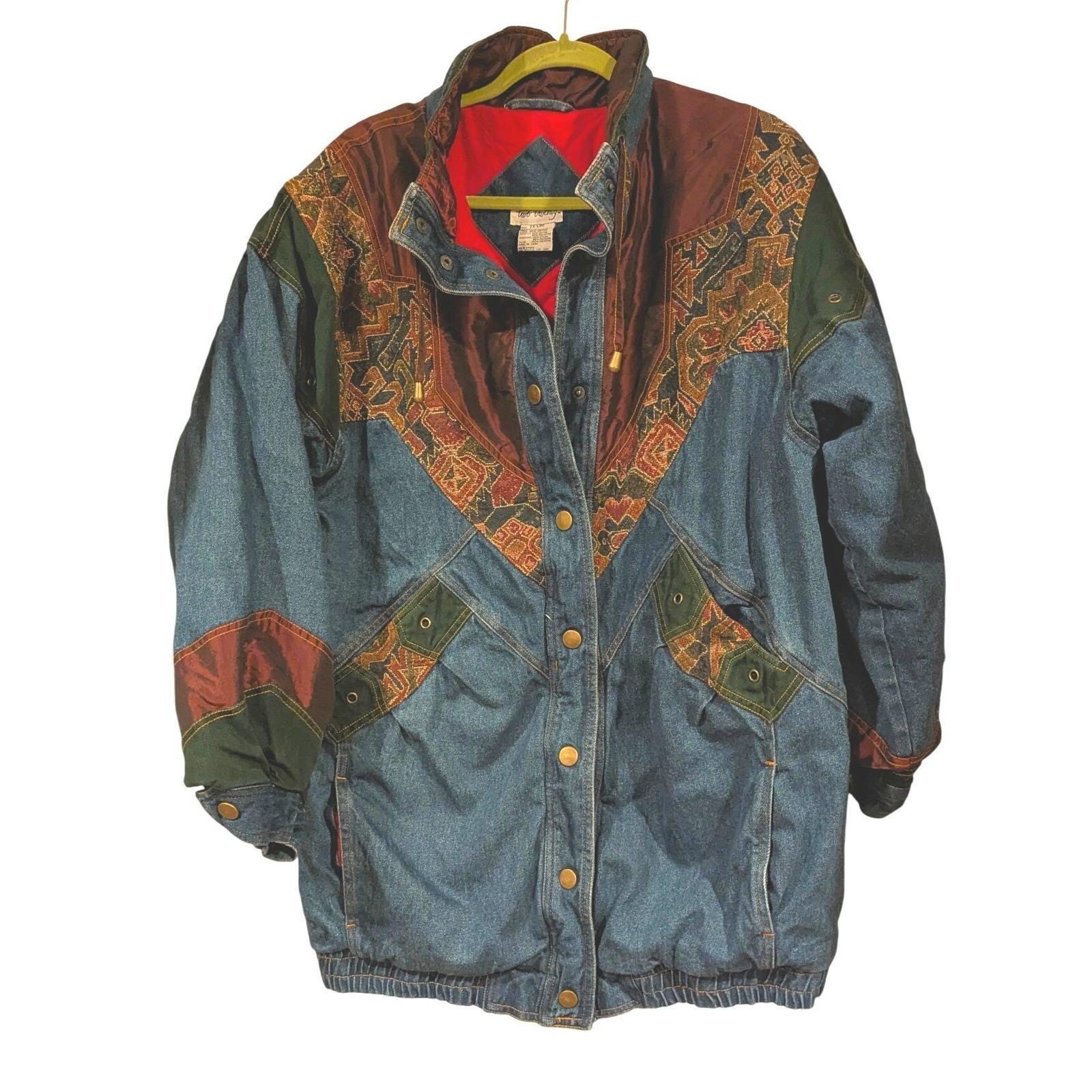 Two Twenty Denim Jacket Aztec Print Lined Snap Front Quilted Coat Vintage 90s