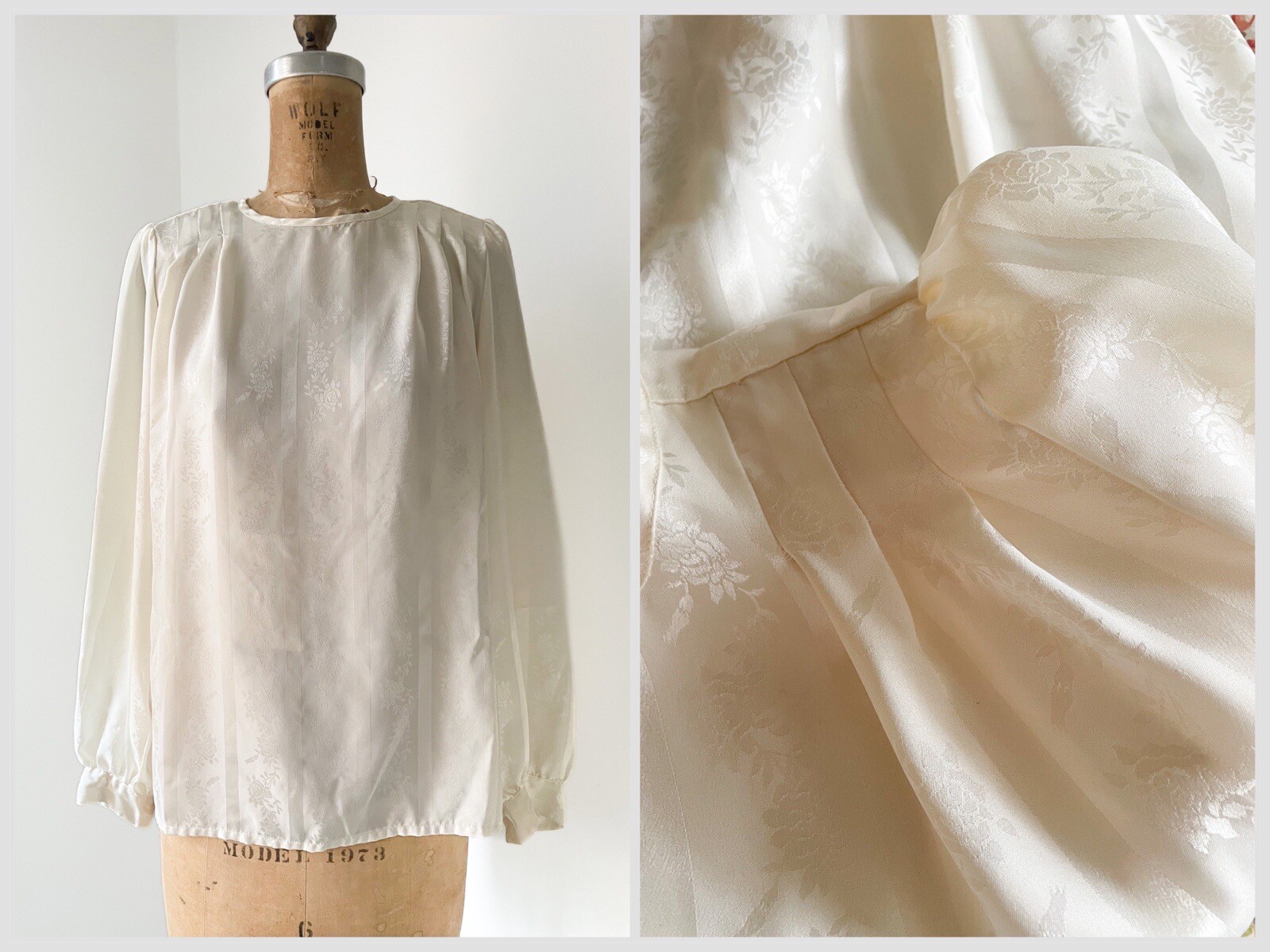 Vintage ‘80s ‘90s Silky Jacquard Stripe Blouse Off-White Cream Top S/M