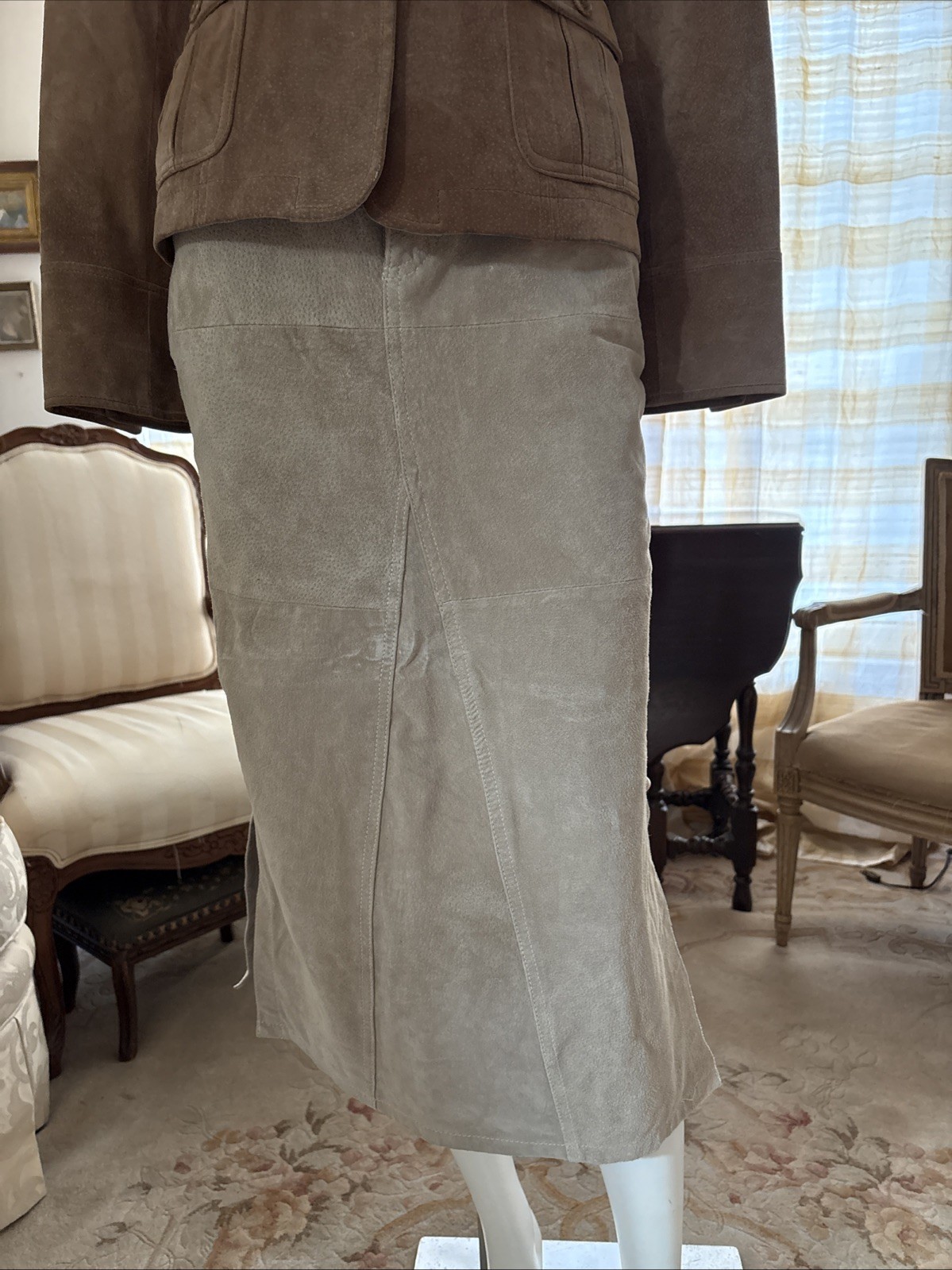 Vtg Neutral Zone Tan Suede Genuine Leather Pencil Skirt Lined Pockets Slits Sz 5
