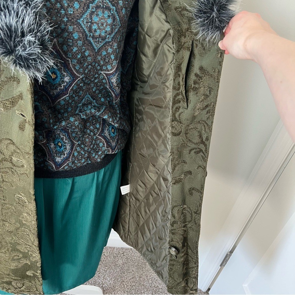 Giacca Gallery Vintage 90s/Y2K Dark Green Embroidered Boho Jacket Faux Fur 🦚