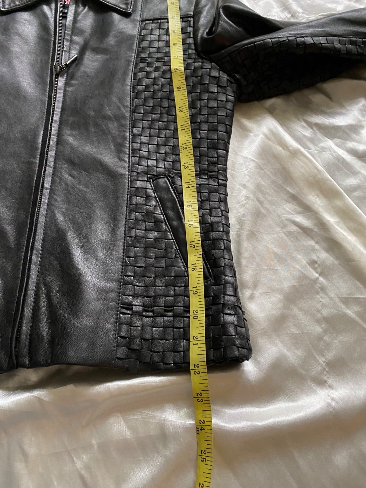 Vintage 1990s NWT Black Woven Leather Jacket Minimalist Medium Classic