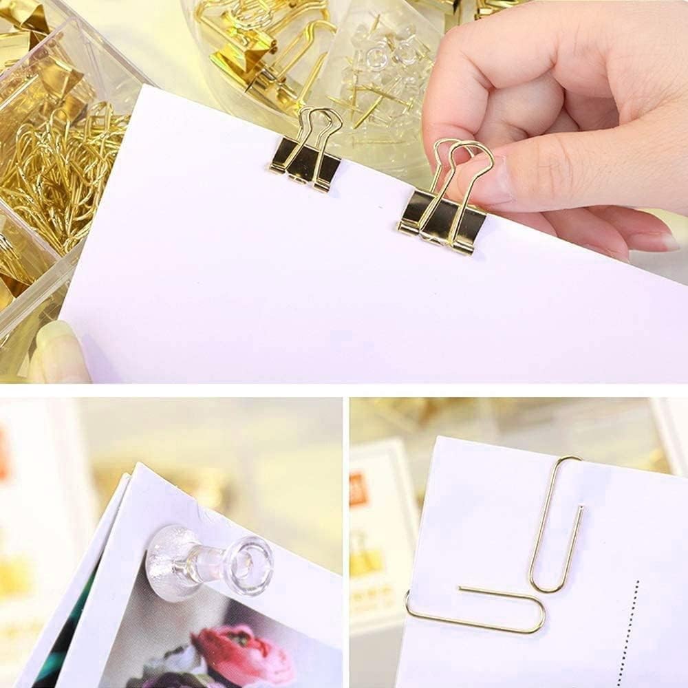 10 Pack Gold Paper Clips Binder Clips Set Metal Assorted Sizes Push Pins
