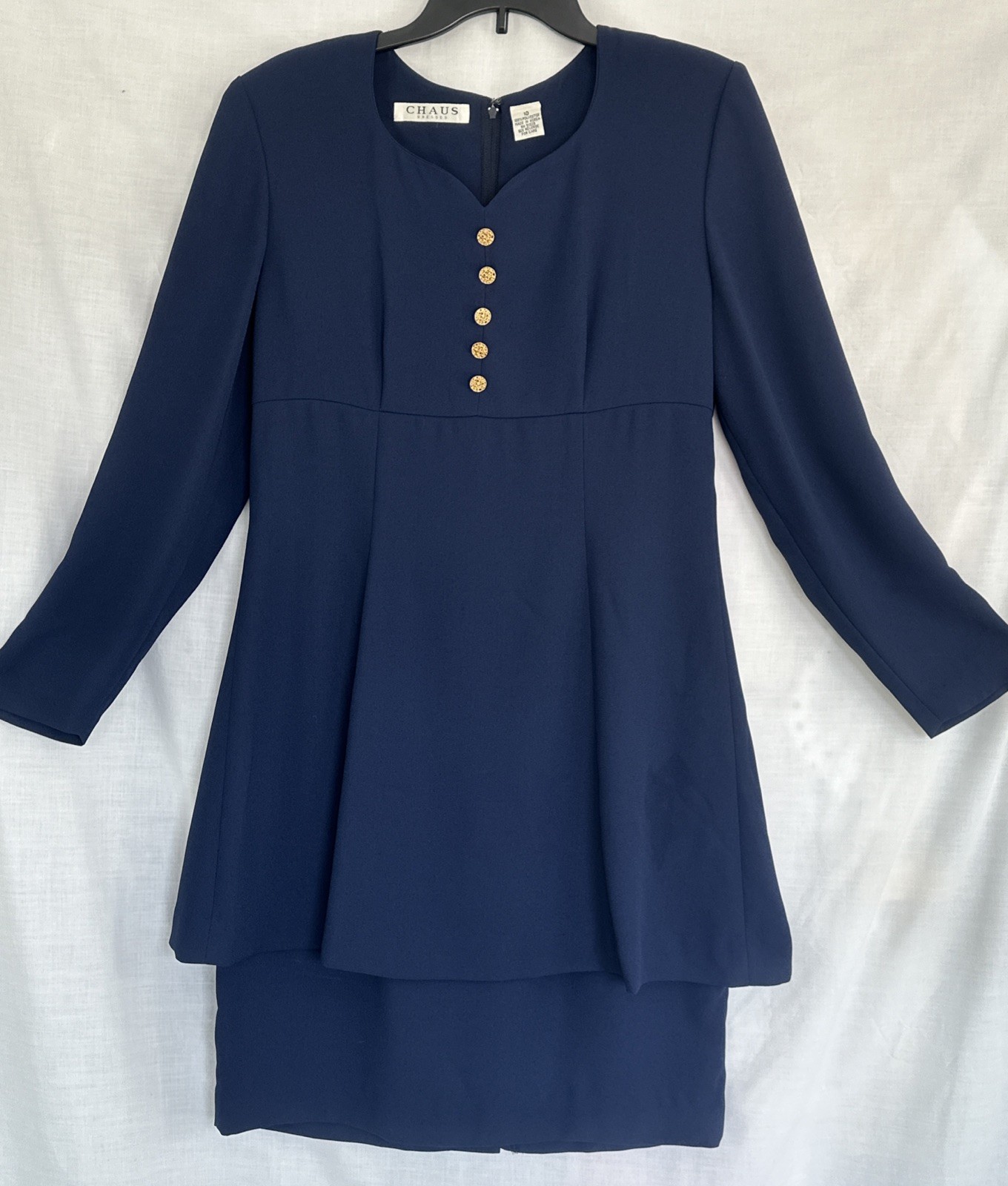 Vtg Chaus Professional Dress Navy Blue Tier Suit-look Empire Waist *Sz 10 M/L
