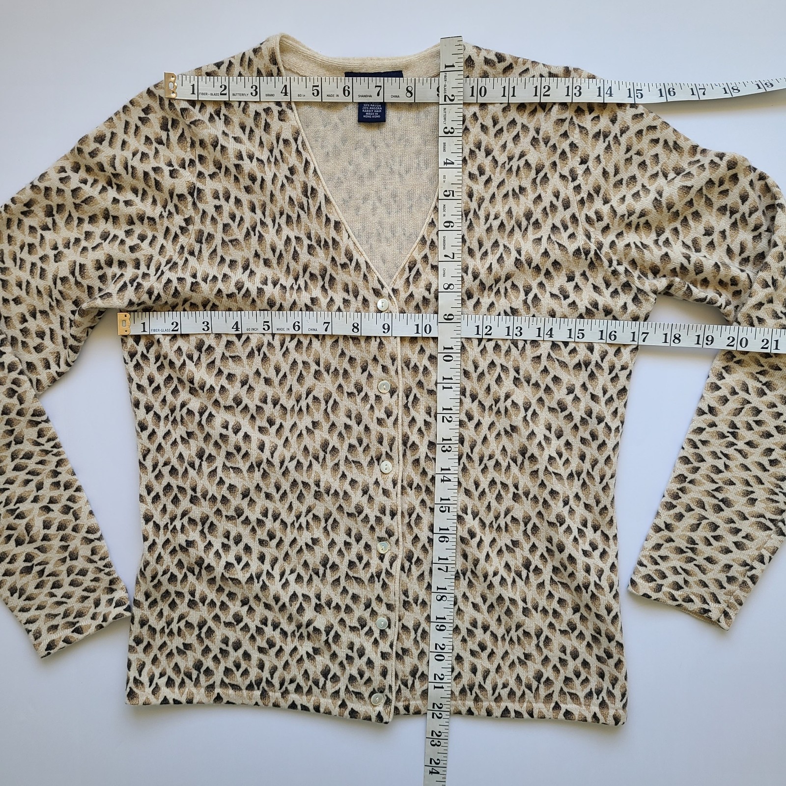 Vintage 2000s Ann Taylor Cardigan Sweater S Wool Angora Blue Label Beige Print
