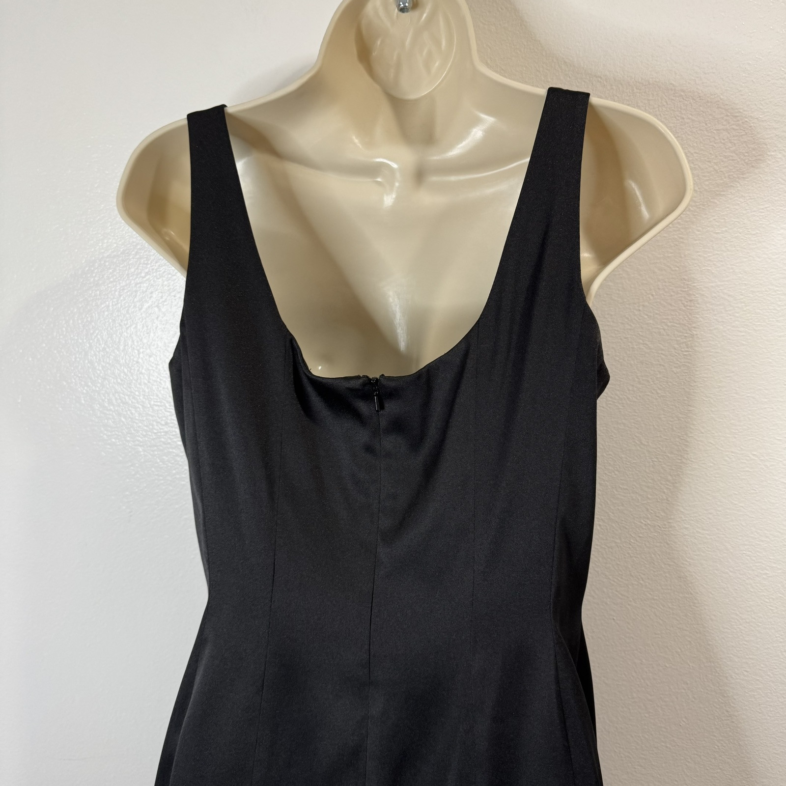 Vintage 90s Y2K Jones Wear Dress 8 Black Satin Swing Beaded Square Neck Cocktail