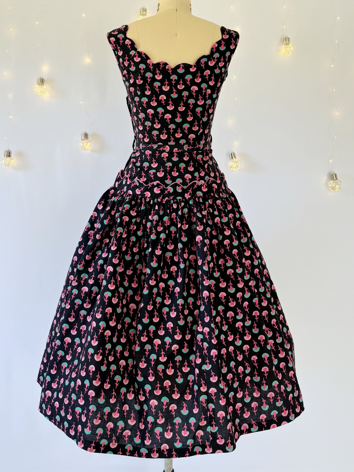 Vintage 50s Cotton Dress Novelty Dog Print Atomic Drop Waist Fit and Flare