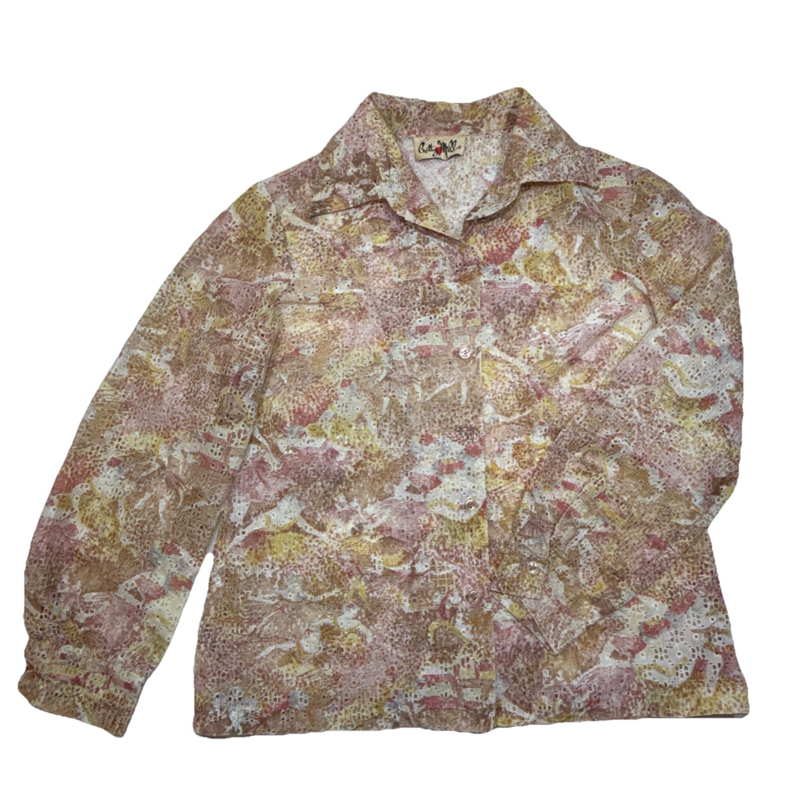 Vintage Betty Miller Floral Lace Overlay Button Front Blouse Pink Medium