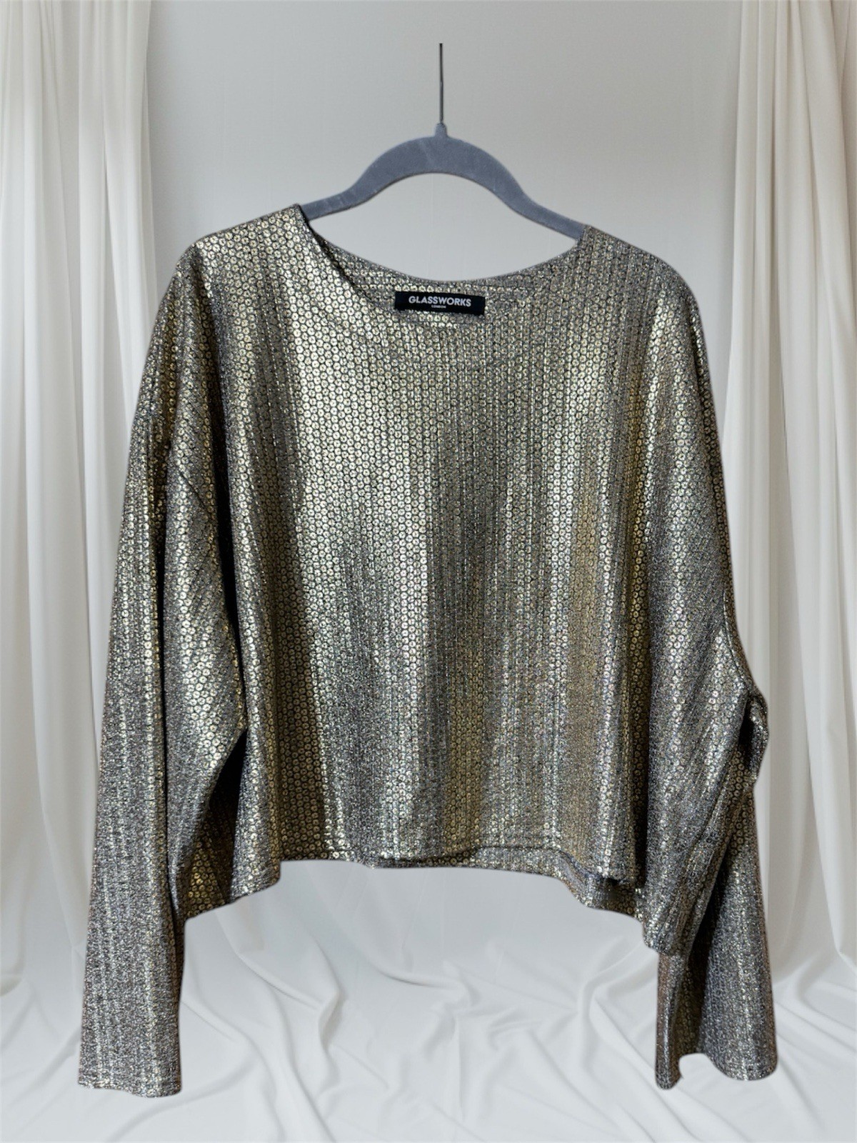 VTG GLASSWORKS LONDON GOLD SILVER CROPPED DISCO BLOUSE RAVE WOMENS O/S