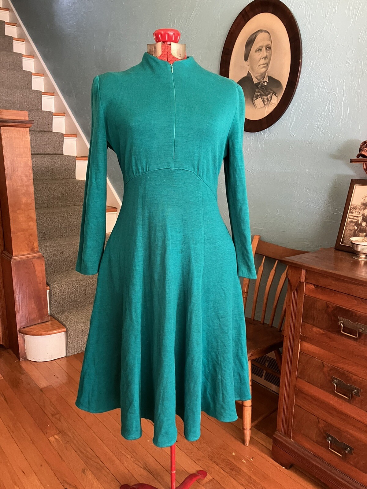 Vintage 60s ILGWU Kollection Ltd. Petites Teal Green Wool Swing Dress Pockets S