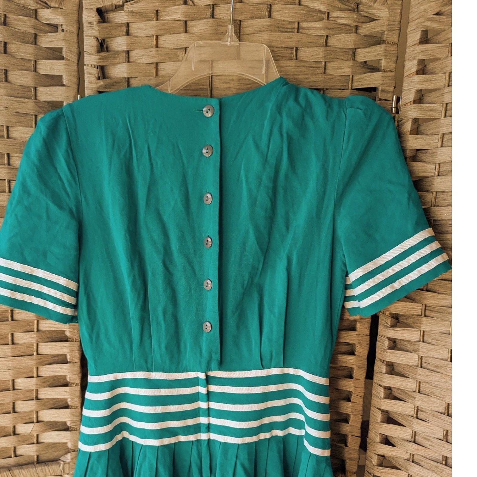Vtg 80s Teal Striped Nautical Midi Fit & Flare Dress Pleated Short Sleeve Sz 4