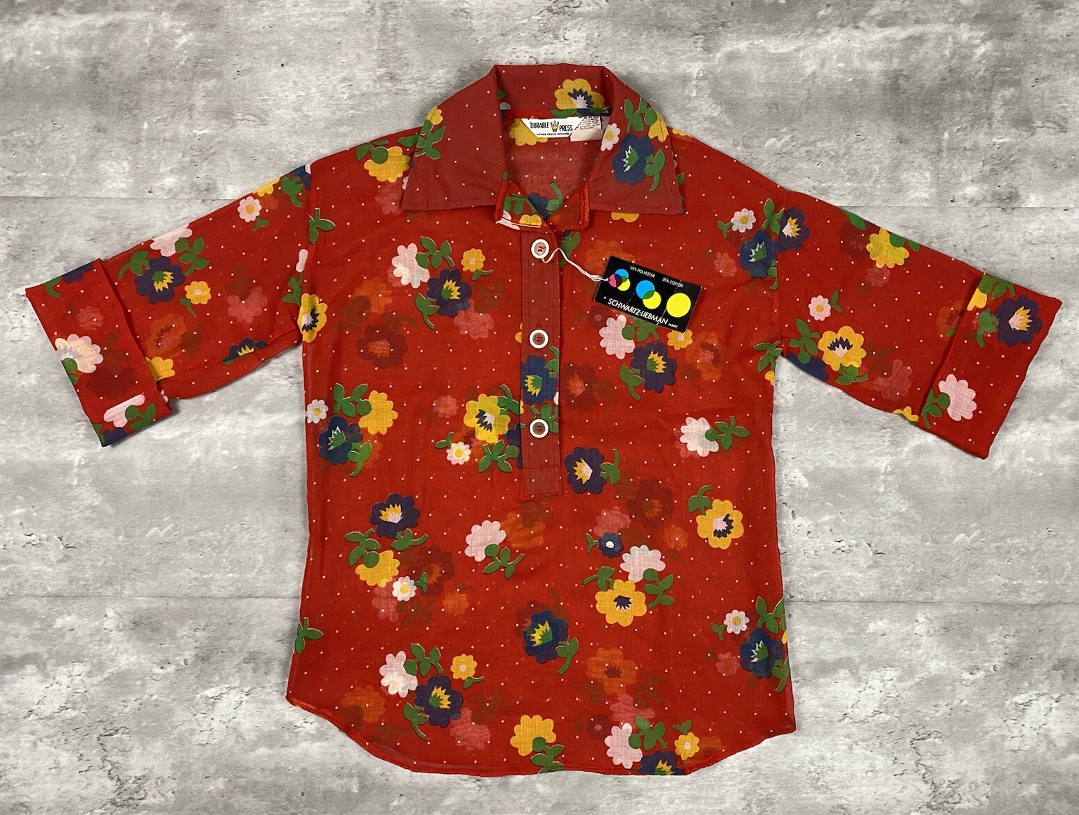 vintage 70s DURABLE PRESS BLOUSE TOP FLORAL POLKA DOT SHEER PULLOVER AOP