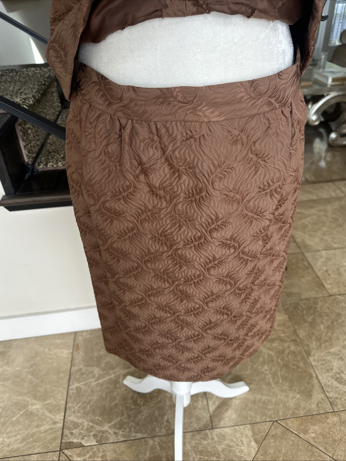 Sophie Gimbel Couture For Saks 50s Mocha Brown Silk Matelasse 3 Piece Skirt Suit
