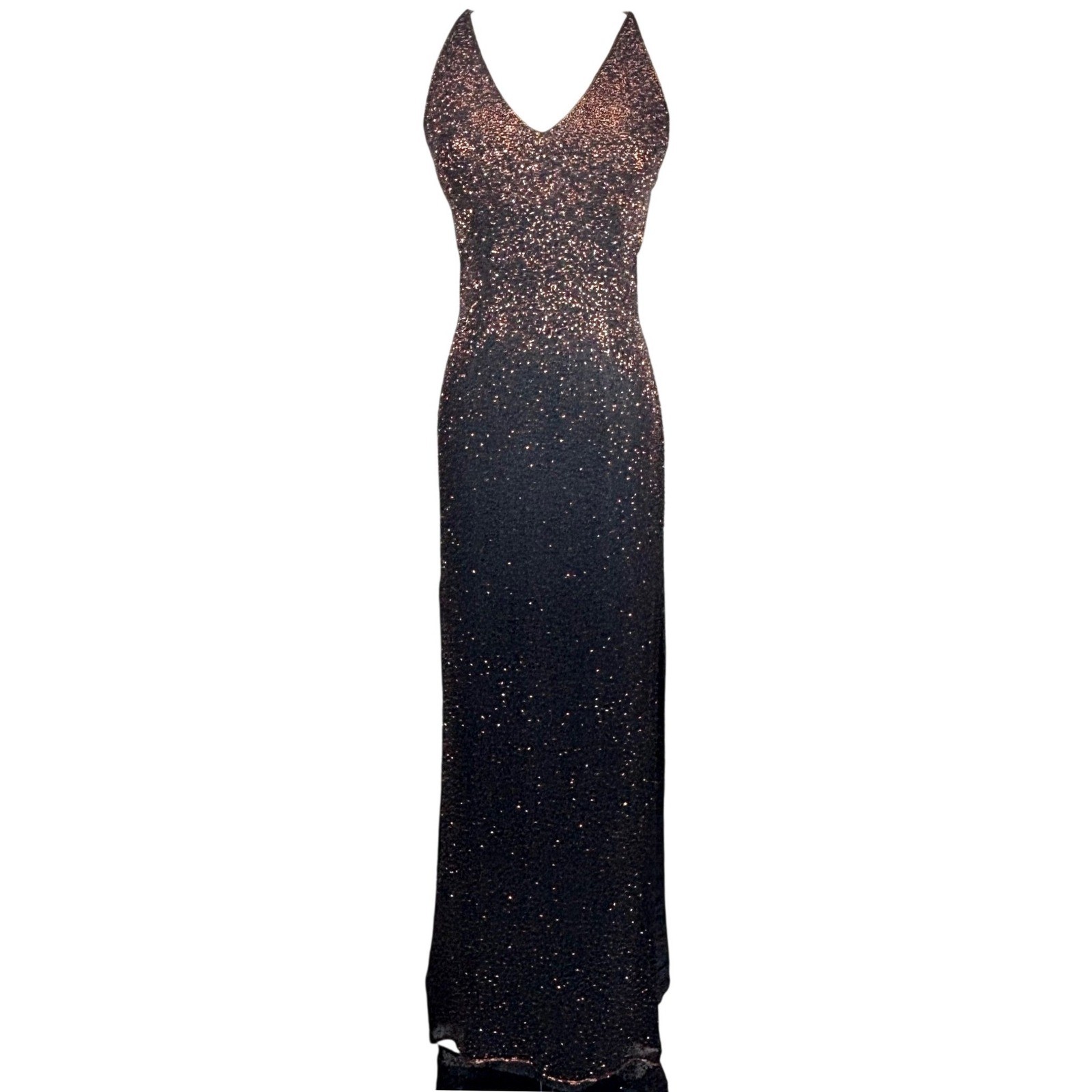 VTG Scala Dress Black Copper Gold Beaded Ombre Backless Formal Gown Silk 4