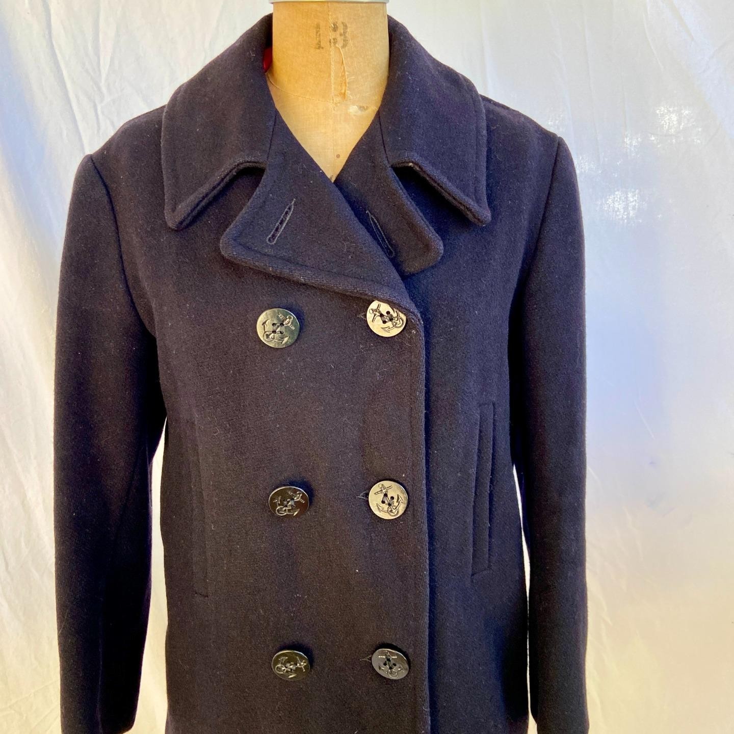 vtg 50s 60s RICHARDS AUTHENTIC Navy Blue Wool Pea Coat Jacket Anchor Buttons 16