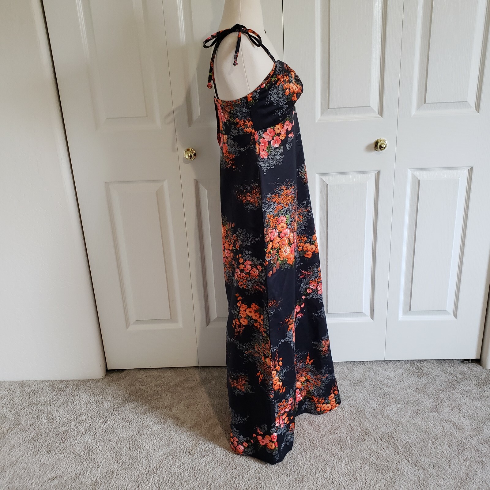 Vtg 60s Sun Fashions Hawaiian Tiki Maxi Black Floral Spaghetti Strap Dress XS