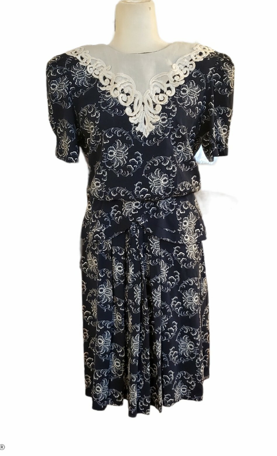 VTG 80s Lisa Petites Women’s 12 Dress Cottagecore Crochet Collar Navy Blue