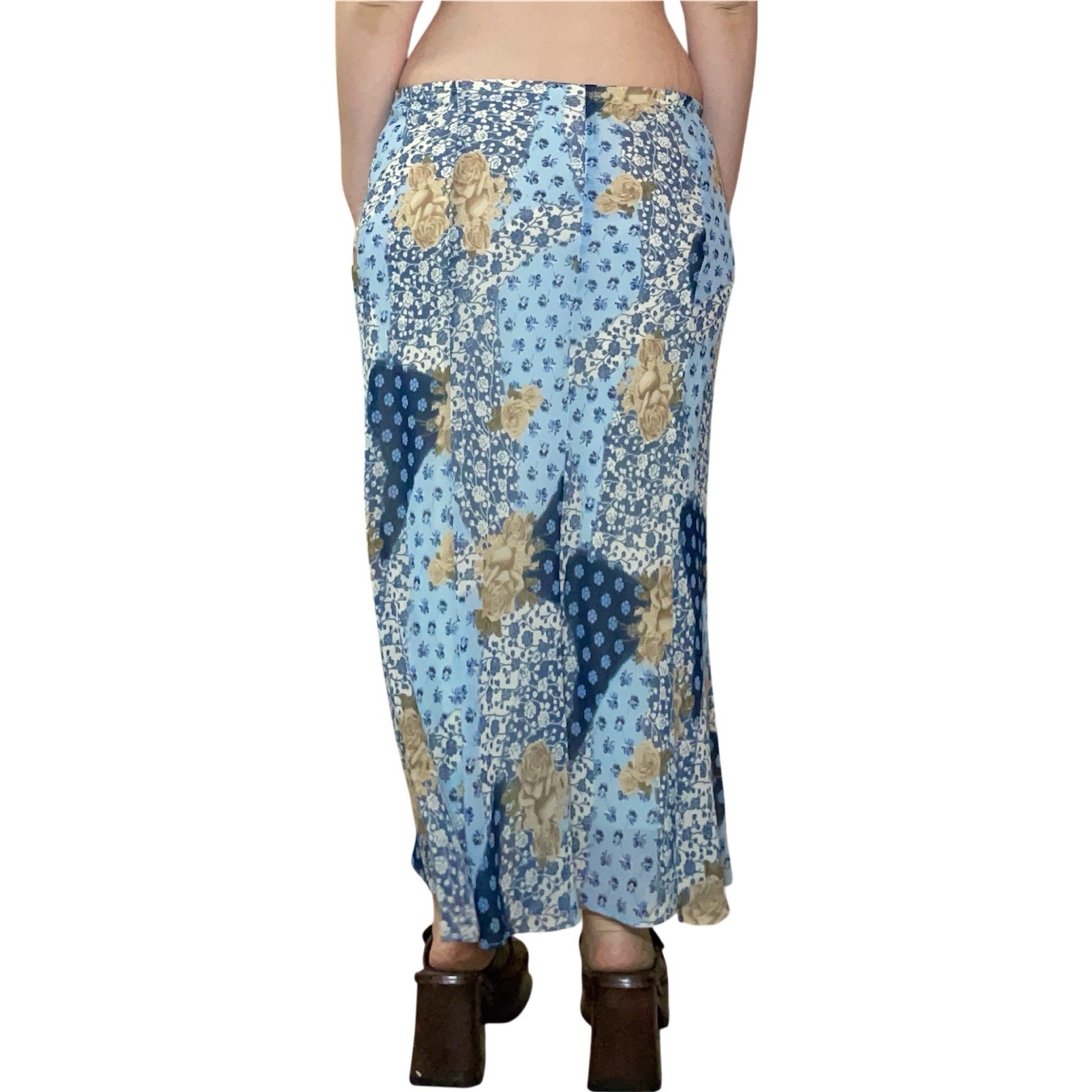 Y2K Blue And Cream Floral Patchwork Print Midi Skirt Size L