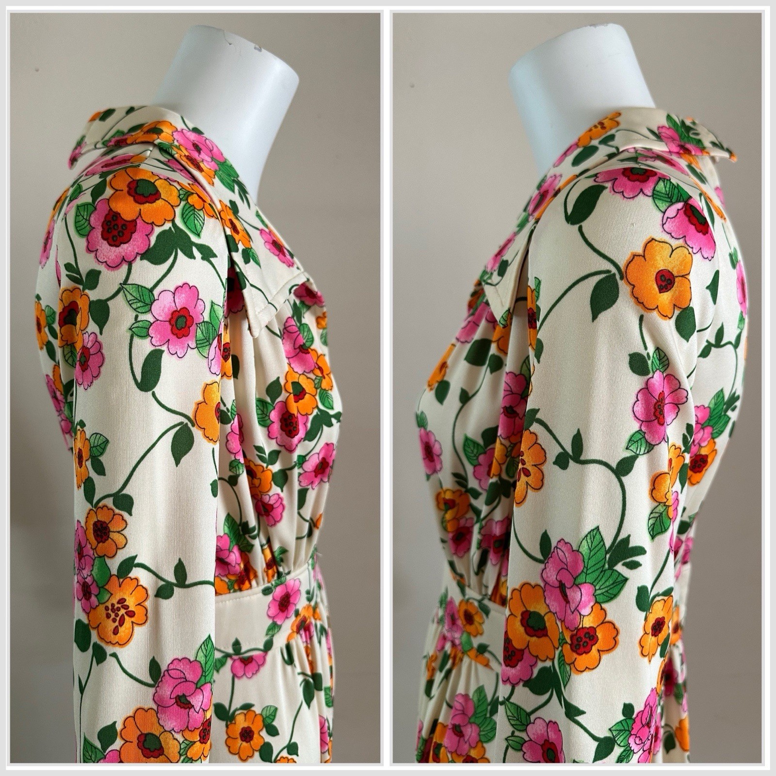1970s Floral Maxi Dress Wide Collar Scovill Zip Mod Boho Hostess Novelty VTG S M