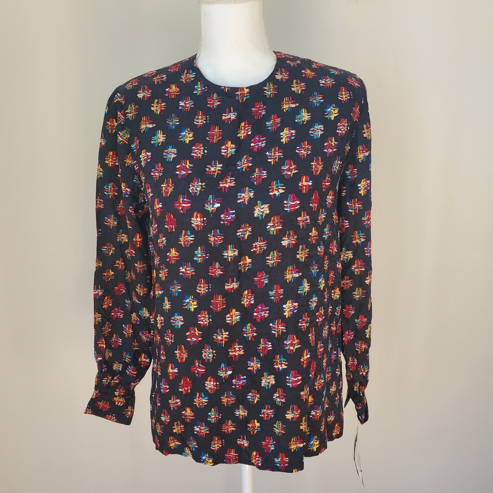 NEW Vintage 80’s Ann May 100% Silk Abstract Geo Art deco Retro Blouse Top XS