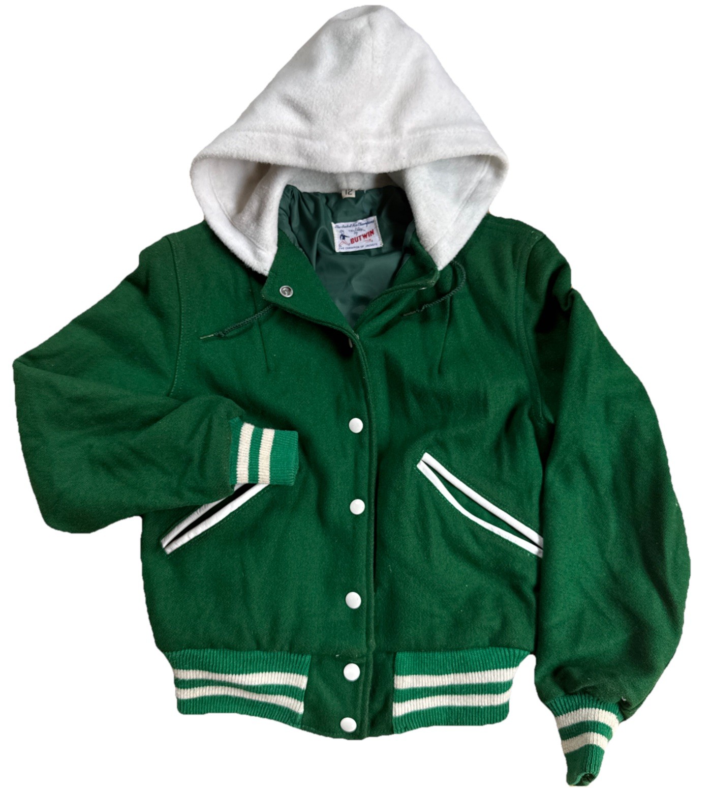 Vintage Butwin Varsity Wool Jacket Green USA Made Women’s 12 Hood Xs/S Button