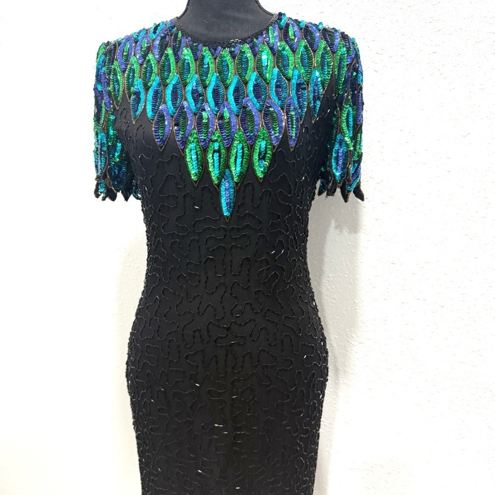 Vintage Stunning Black 100% silk Dress with Green and Blue Sequins 6