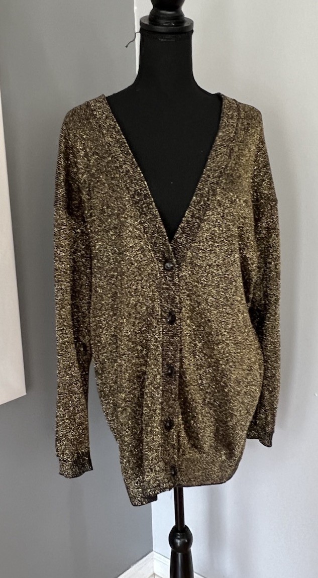 Pierre Cardin Vtg Cardigan Sweater Metallic 33”L Size Large / Medium Made In USA