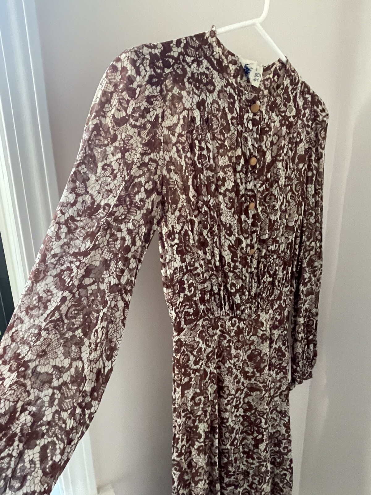 Vintage Day Dress Cream Brown Print Sheer Cotton Marjorie Montgomery Midi Button