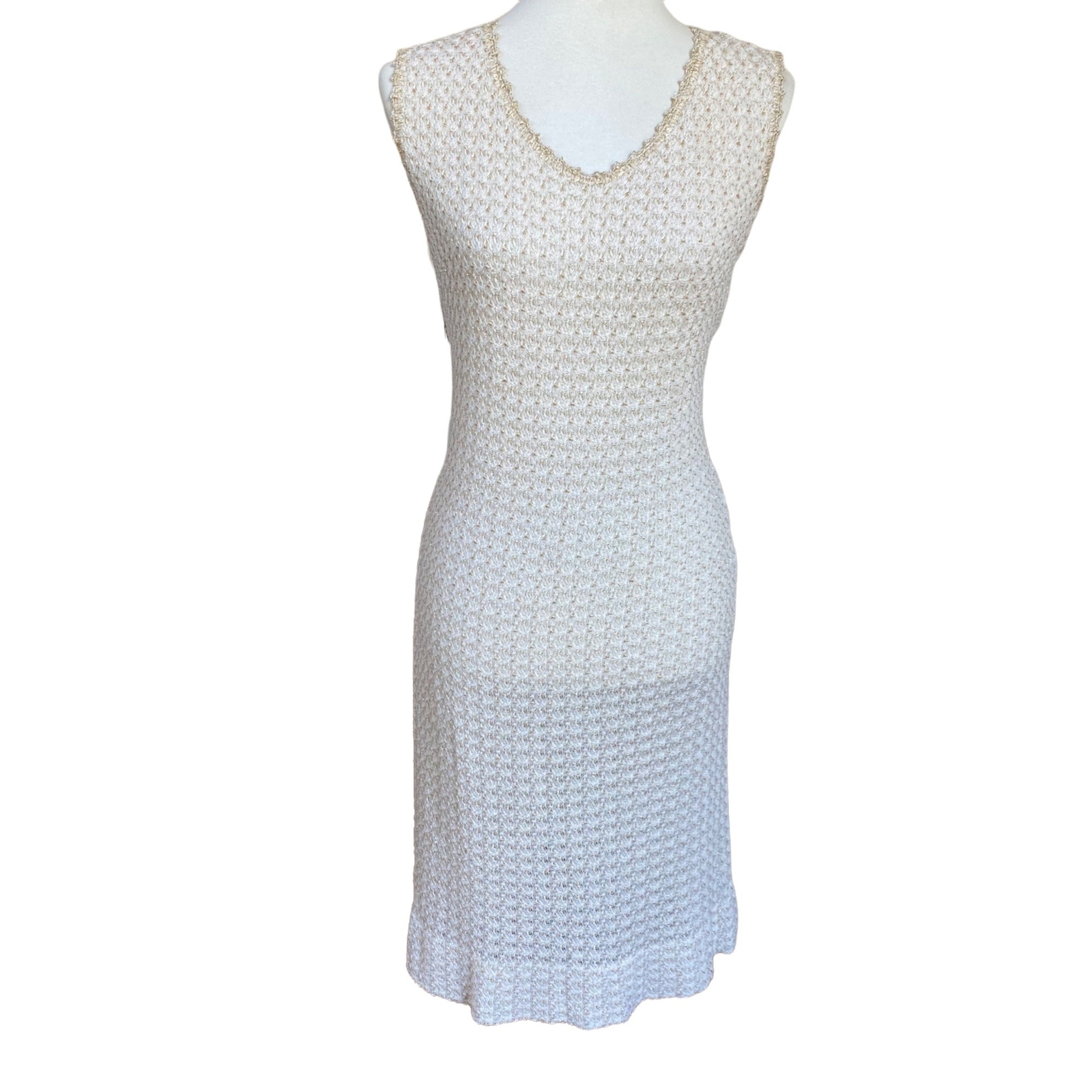 Vintage Crochet Dress Mod 60s 70s Sleeveless Boho Cream Metallic Gold Size Large