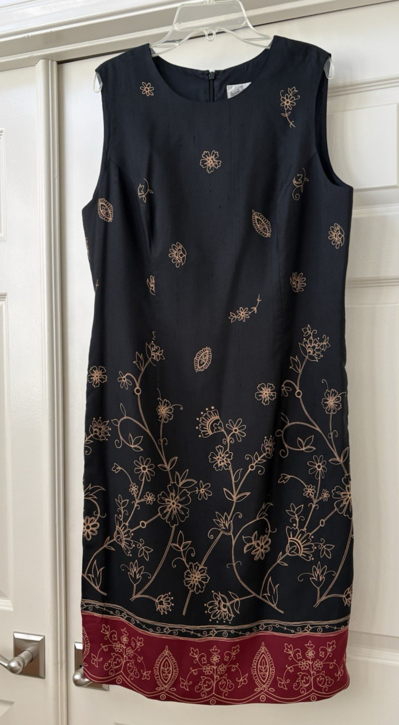 Vtg Jacqueline Ferrar Black Silk Floral Sleeveless Sheath Dress Sz. 12 / 14