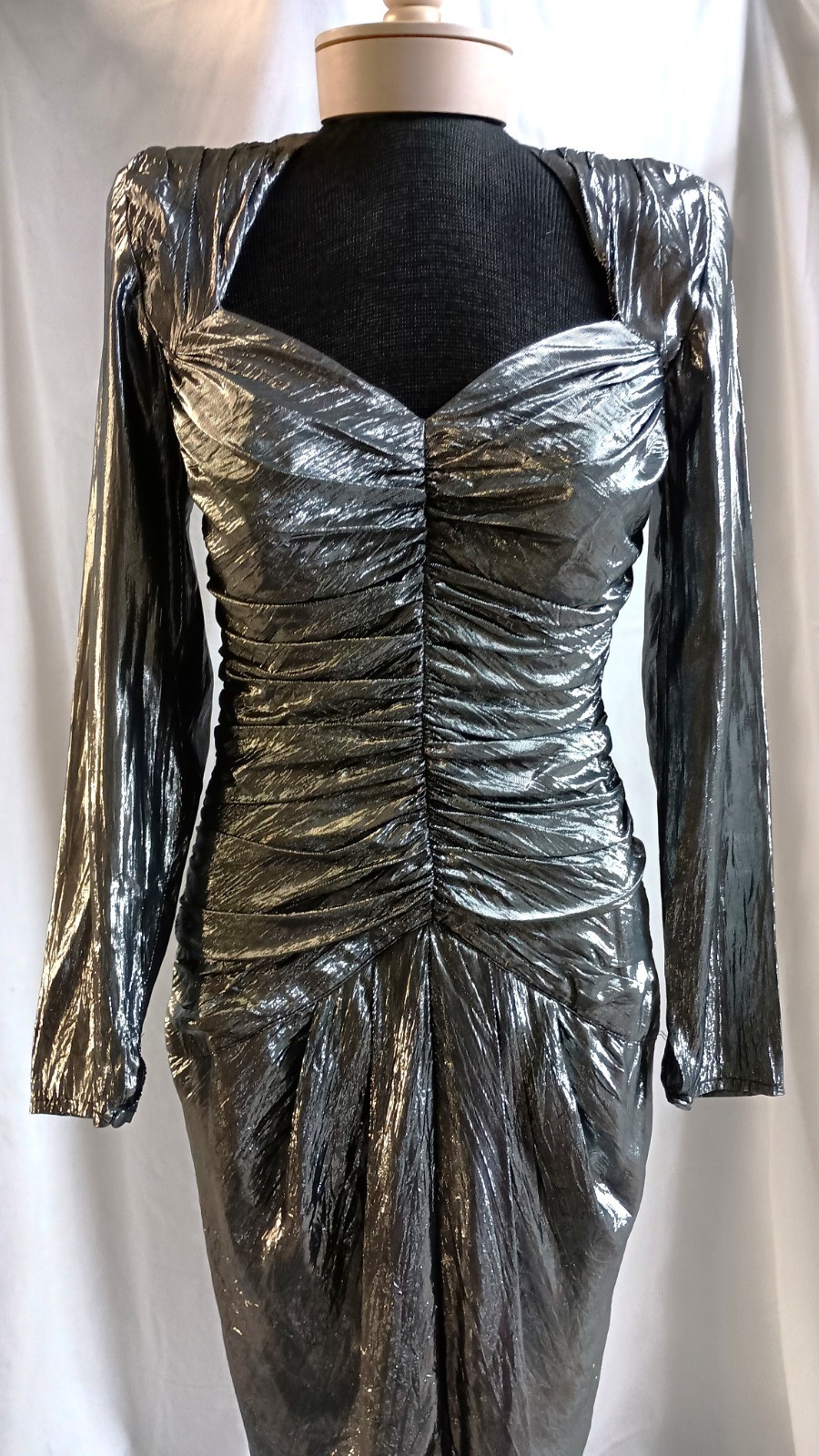 Vtg 80’s B. B. Collections Dressy Clubwear Silver Metallic Sexy Ruched Dress 6