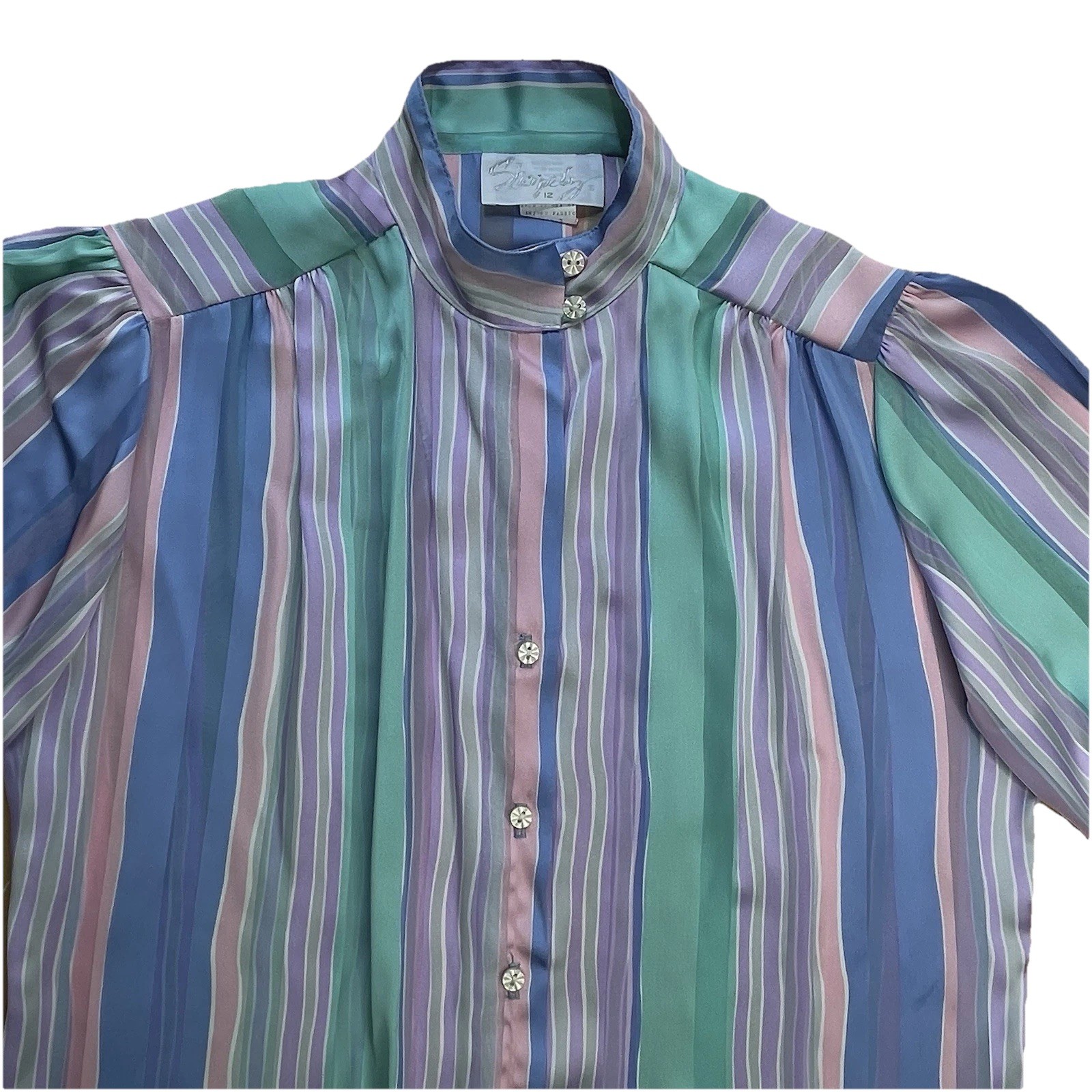 VTG Pastel Striped Blouse 12 High Mock Neck W/ Tie Button Front Retro Office