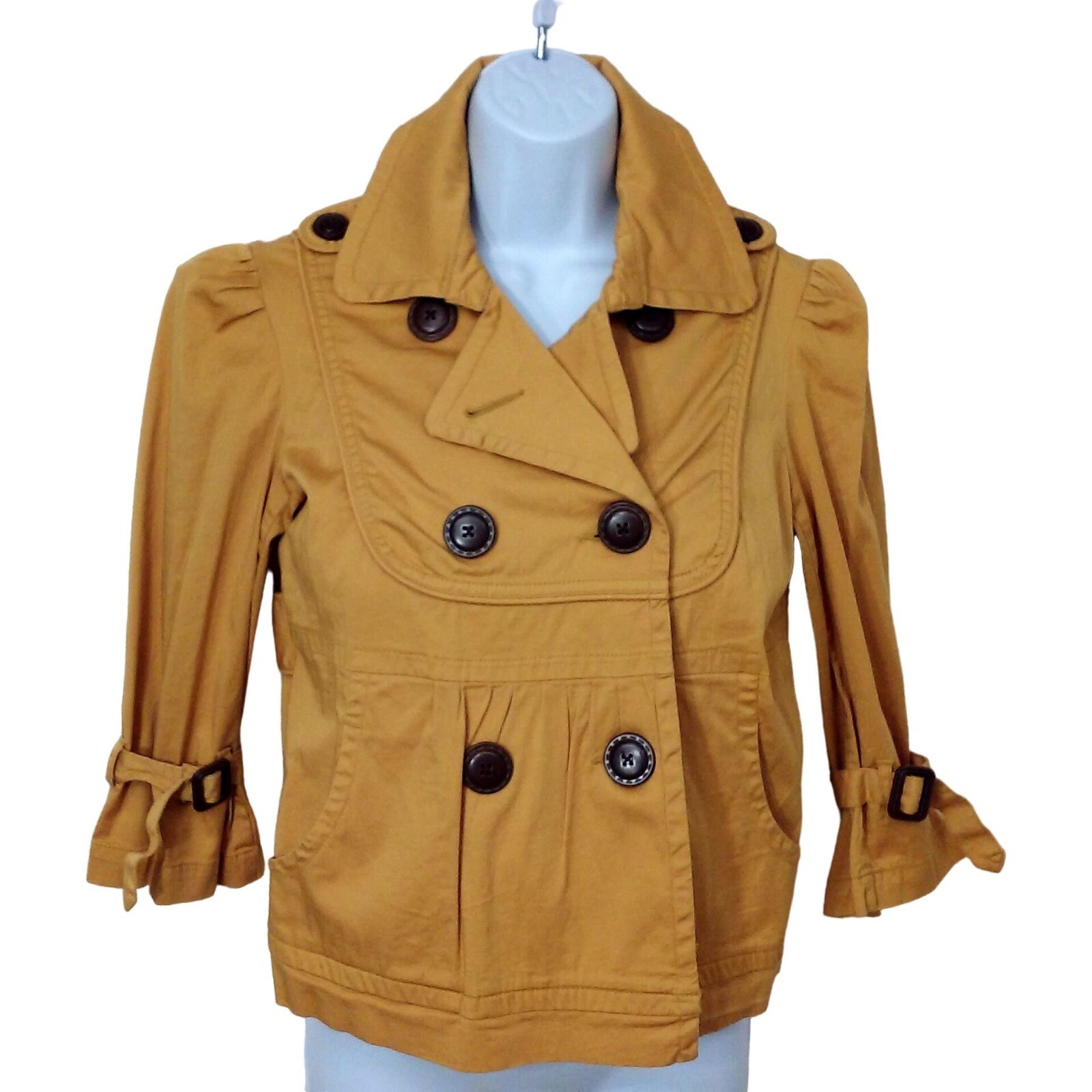 Vintage 90s American Rag Pea Coat Crop Jacket -S Pockets Buttons Safari Mustard