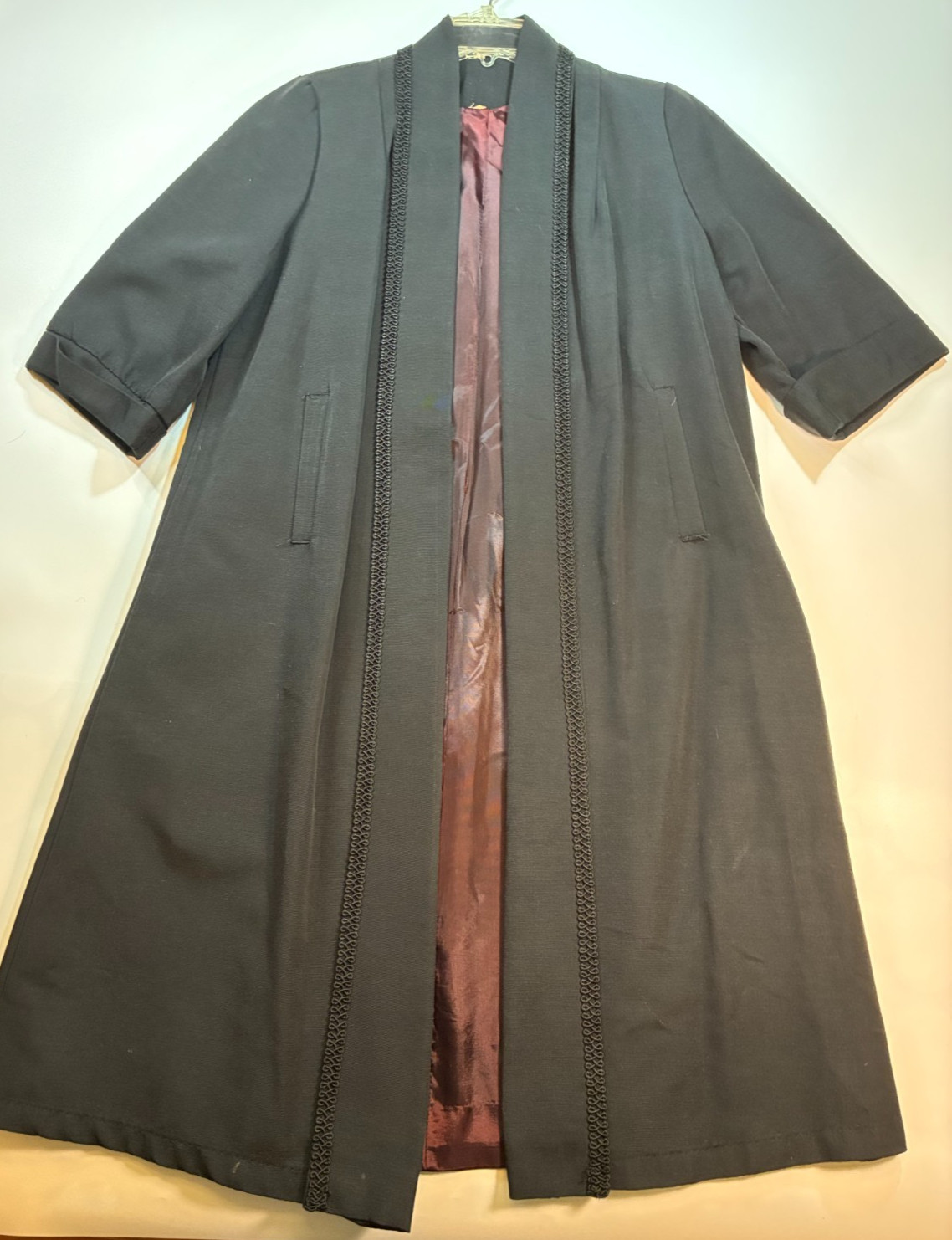 Vintage 60s OPEN FRONT SWING COAT Black Large Soutache Braid Trim 3/4 Sleeve