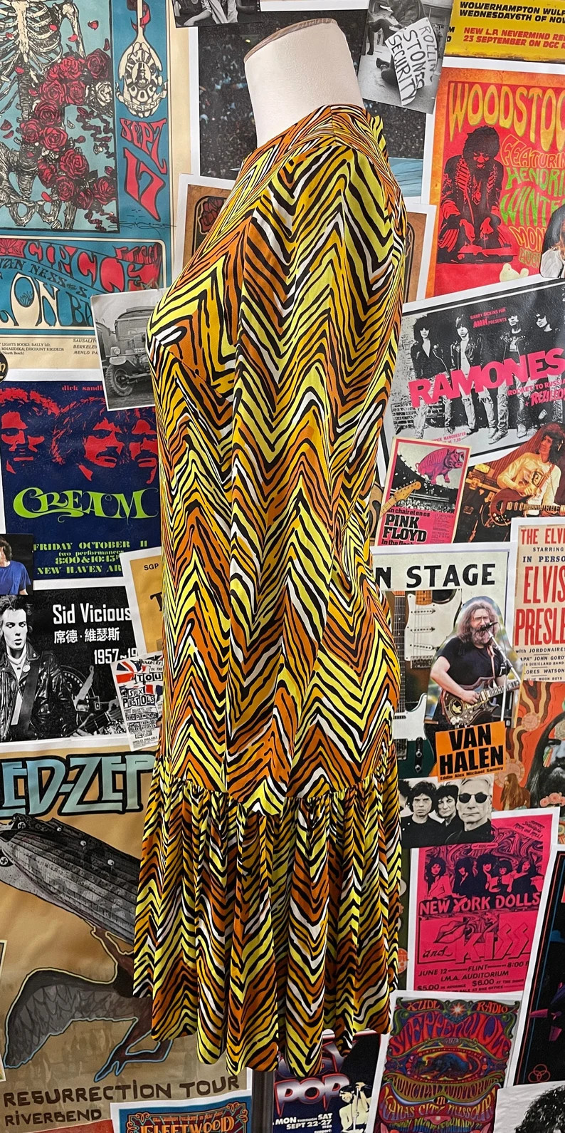 Vtg 60s Yellow Mod Zig Zag Drop Waist Dress Womens Small Psychedelic Gogo Sz 2/4
