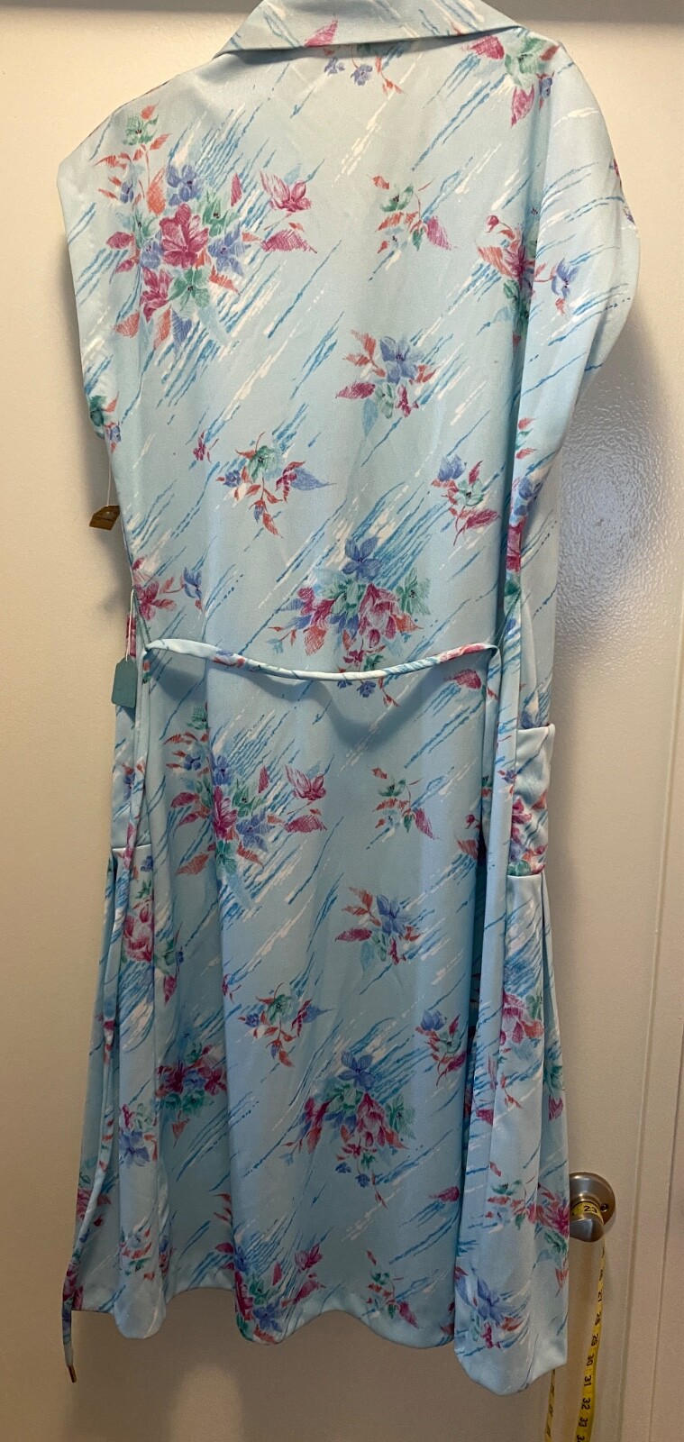 VTG 70s House Dress Women Floral Vneck Collar Button Tie Waist Blue Pink Floral