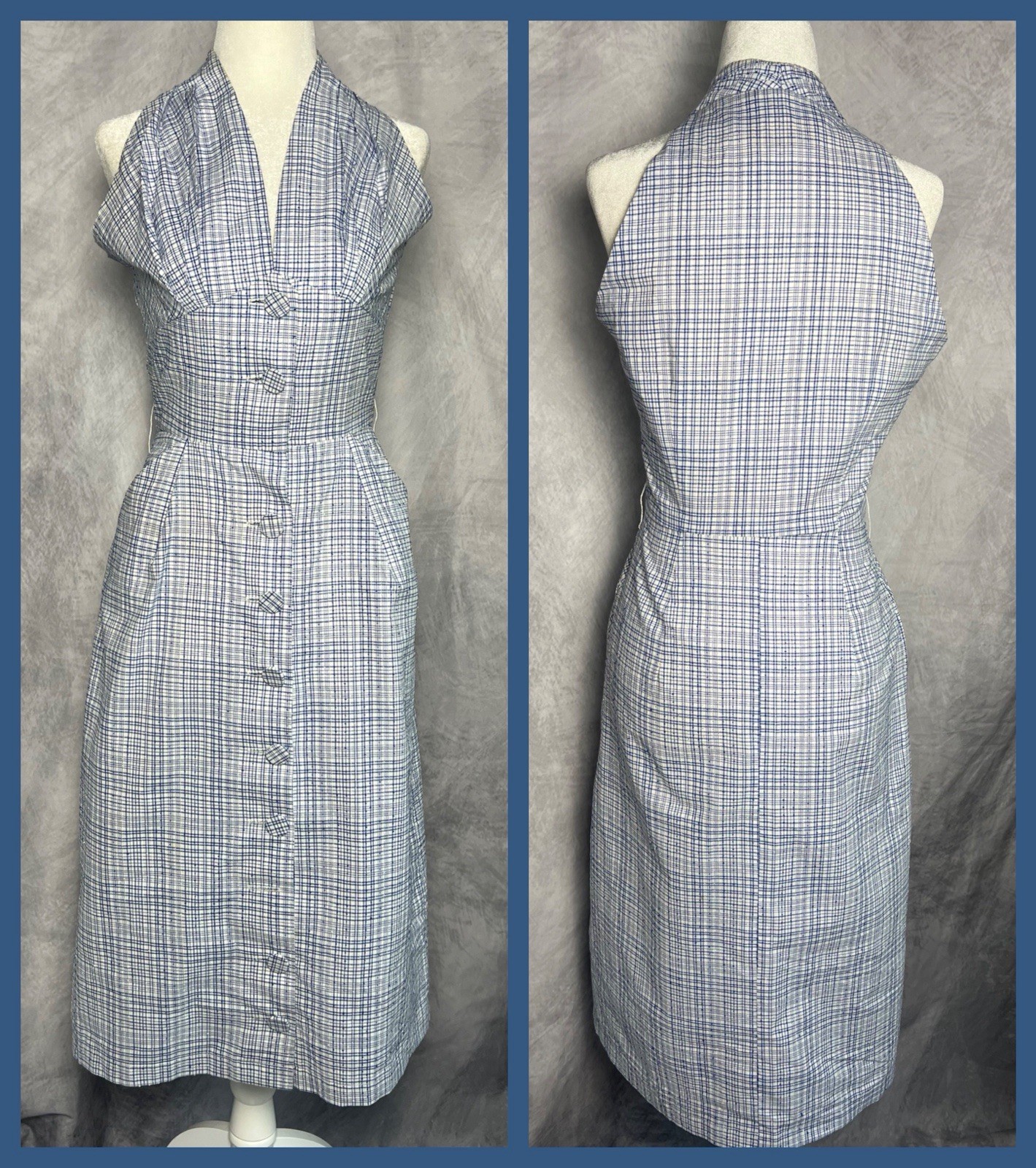 Vintage 1950s Forman & Gunner Blue White Plaid Swiss Dot Fitted Wiggle Dress M