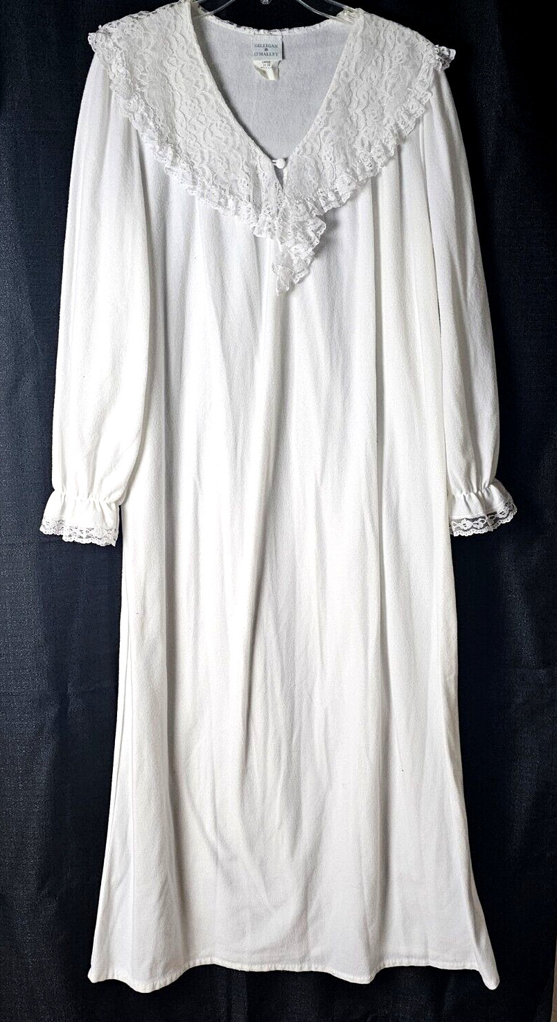 Vintage Gilligan O’Malley White Long Nightgown Soft Brushed Lace V-Neck L 16-18