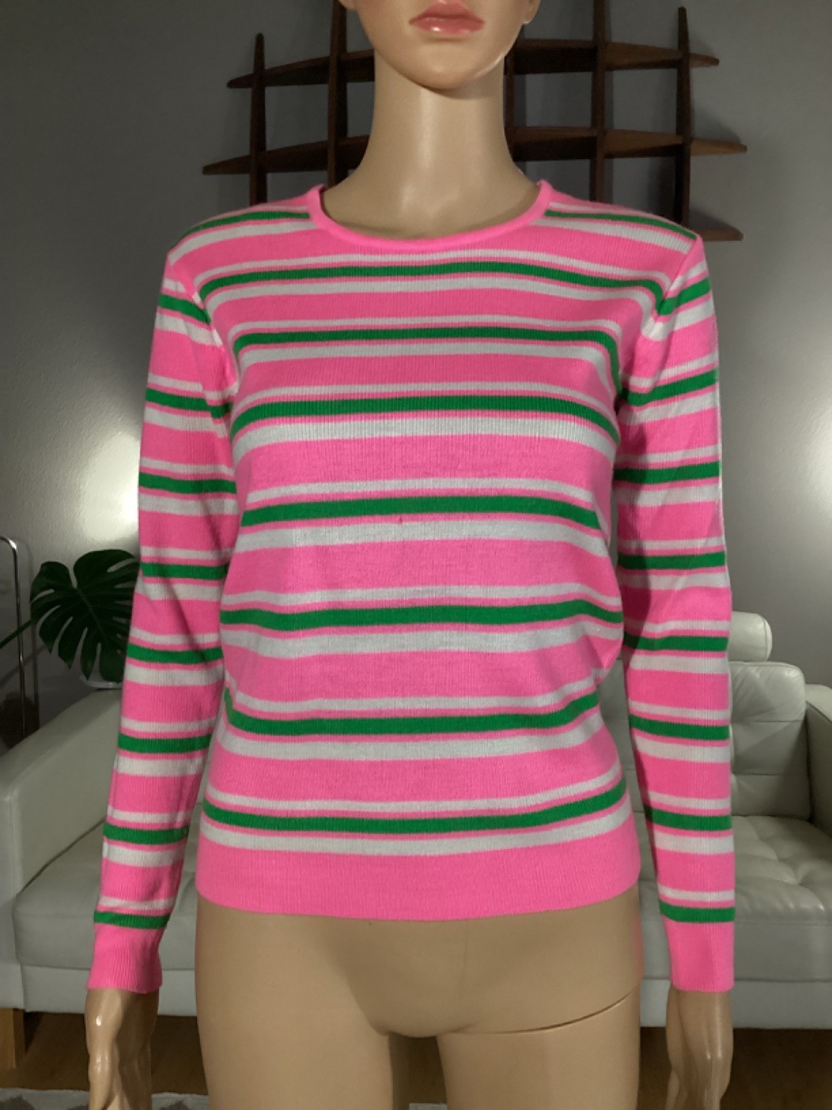 Vintage 60’s 70’s Mod Bright Pink Green & White Striped Acrylic Sweater Medium