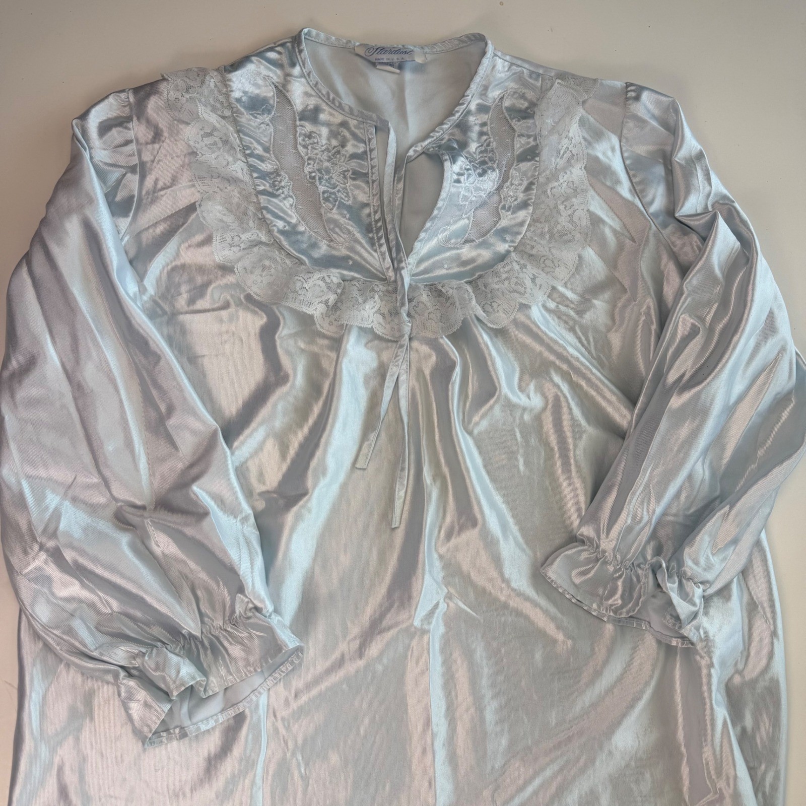 Vintage Stardust Blue Satin Lace Nightgown Long Sleeve Soft Ruffle Hem Small