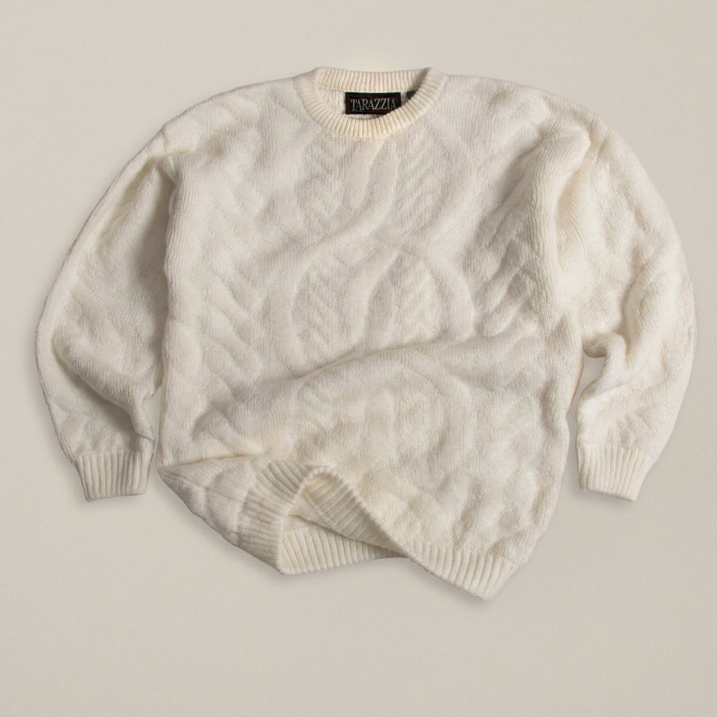 Vintage 80s 90s Tarazzia Internationale Off White Diamond Cable knit Small