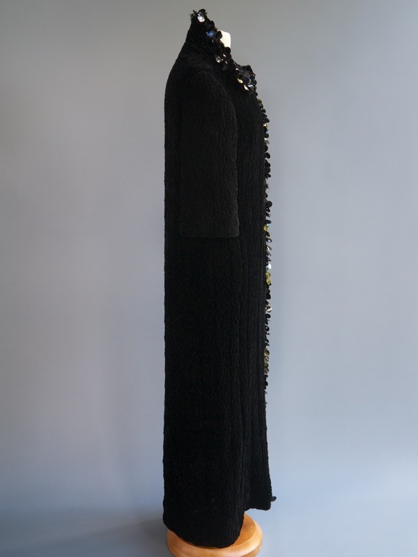 VTG 50s Black Silk Rayon Velvet 2p Set Dress Hand Quilted Pucker Opera Coat S