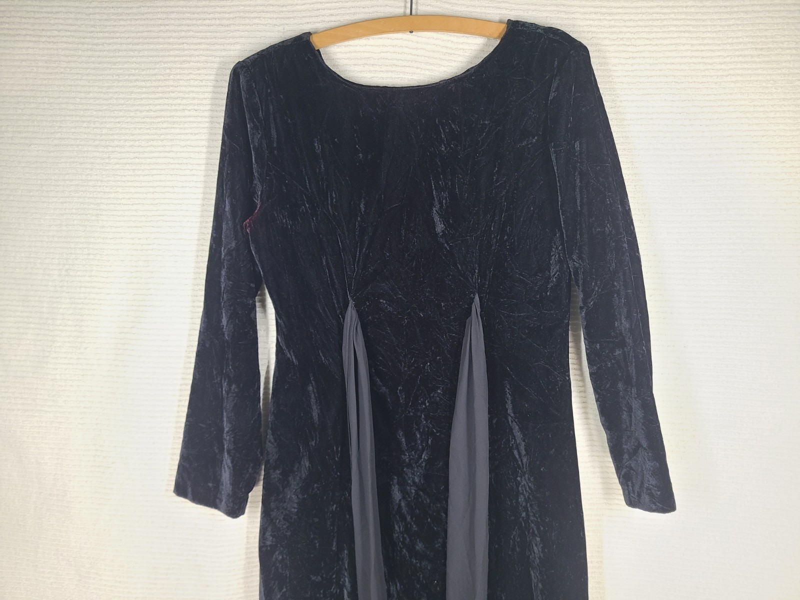 Vintage Black Velvet Dress Sheer Crepe Waist Belt Bow Velour Goth 6 Medium USA